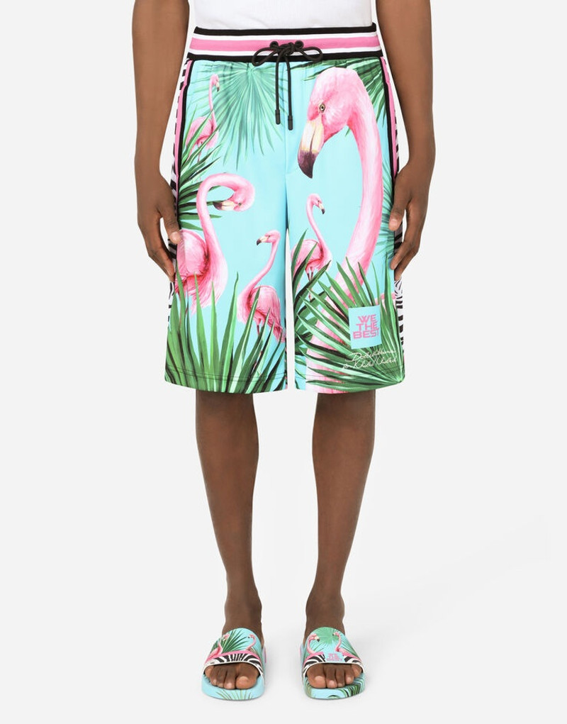 Technical fabric jogging shorts with flamingo print 1