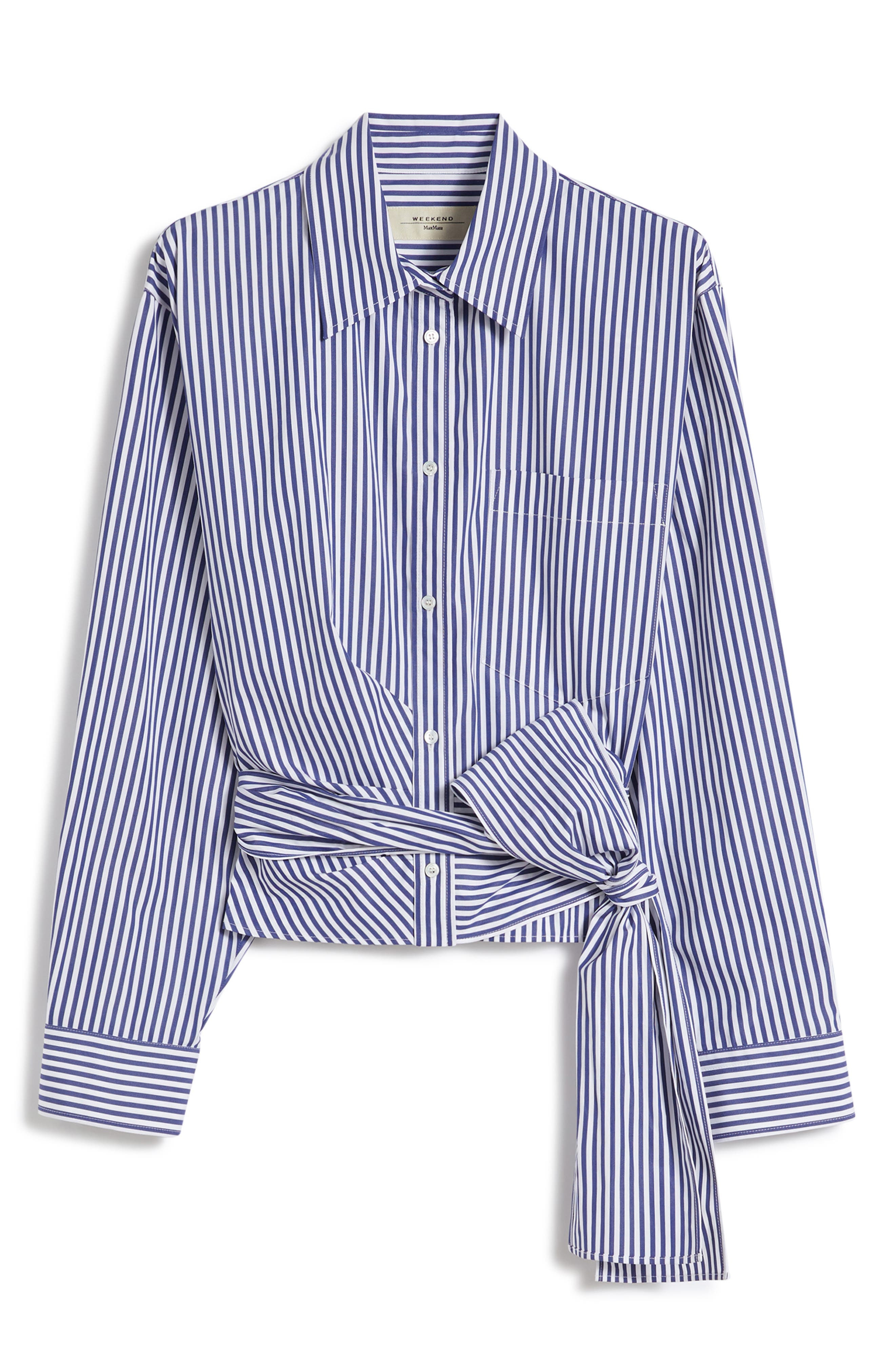 Weekend Max Mara Fresco Stripe Side Tie Cotton Button-Up Shirt in Navy at Nordstrom - 4