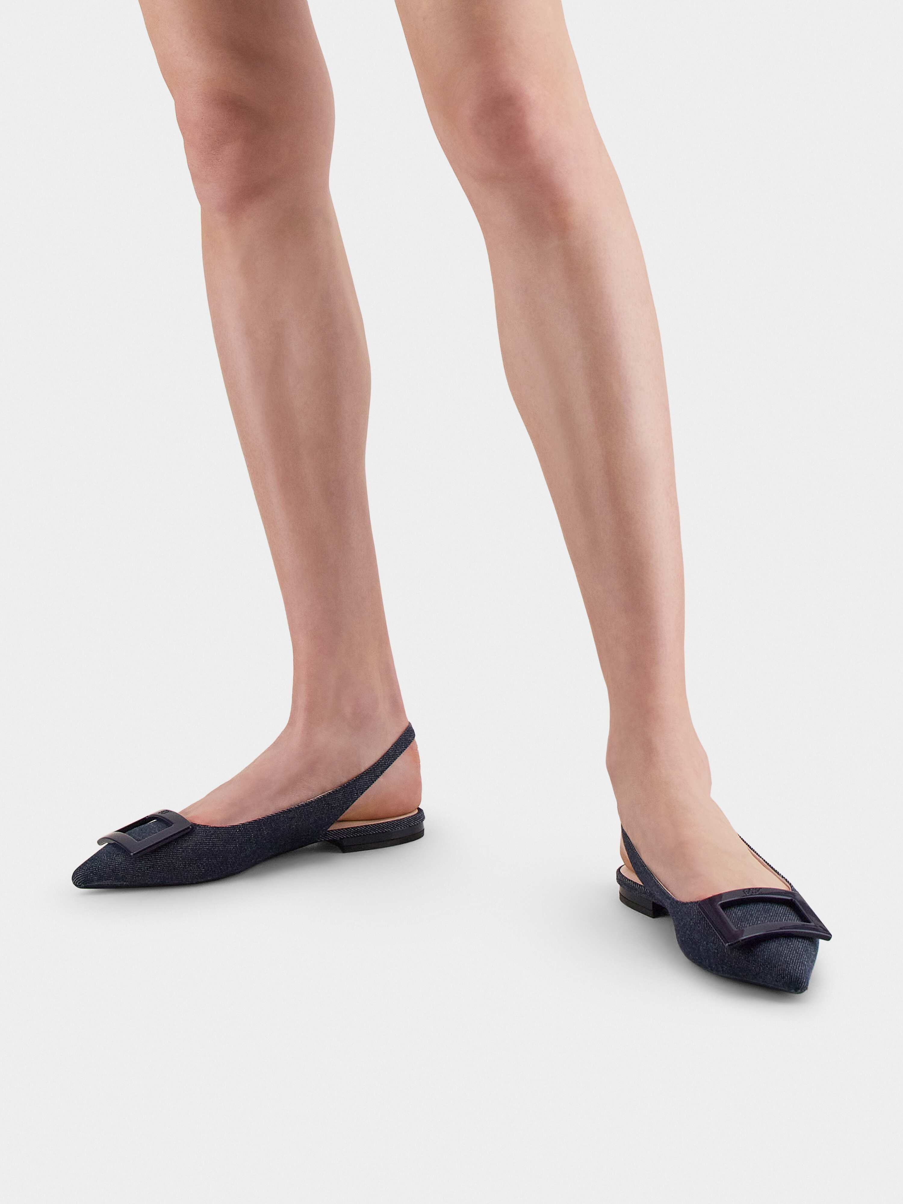 Gommettine Lacquered Buckle Slingback Ballerinas in Denim - 8