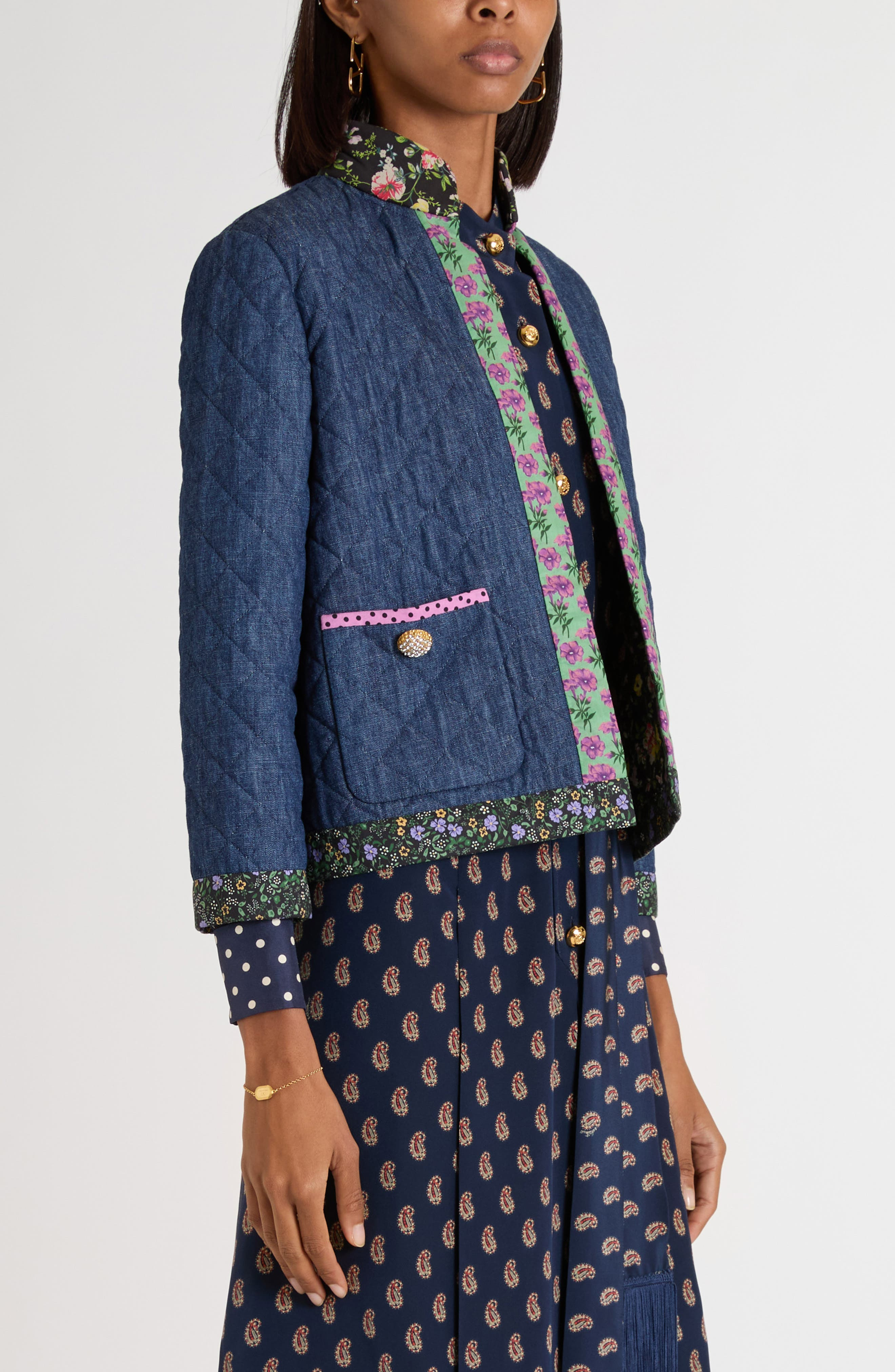 Valentino Garavani Floral Print & Quilted Denim Jacket in Navy at Nordstrom - 4