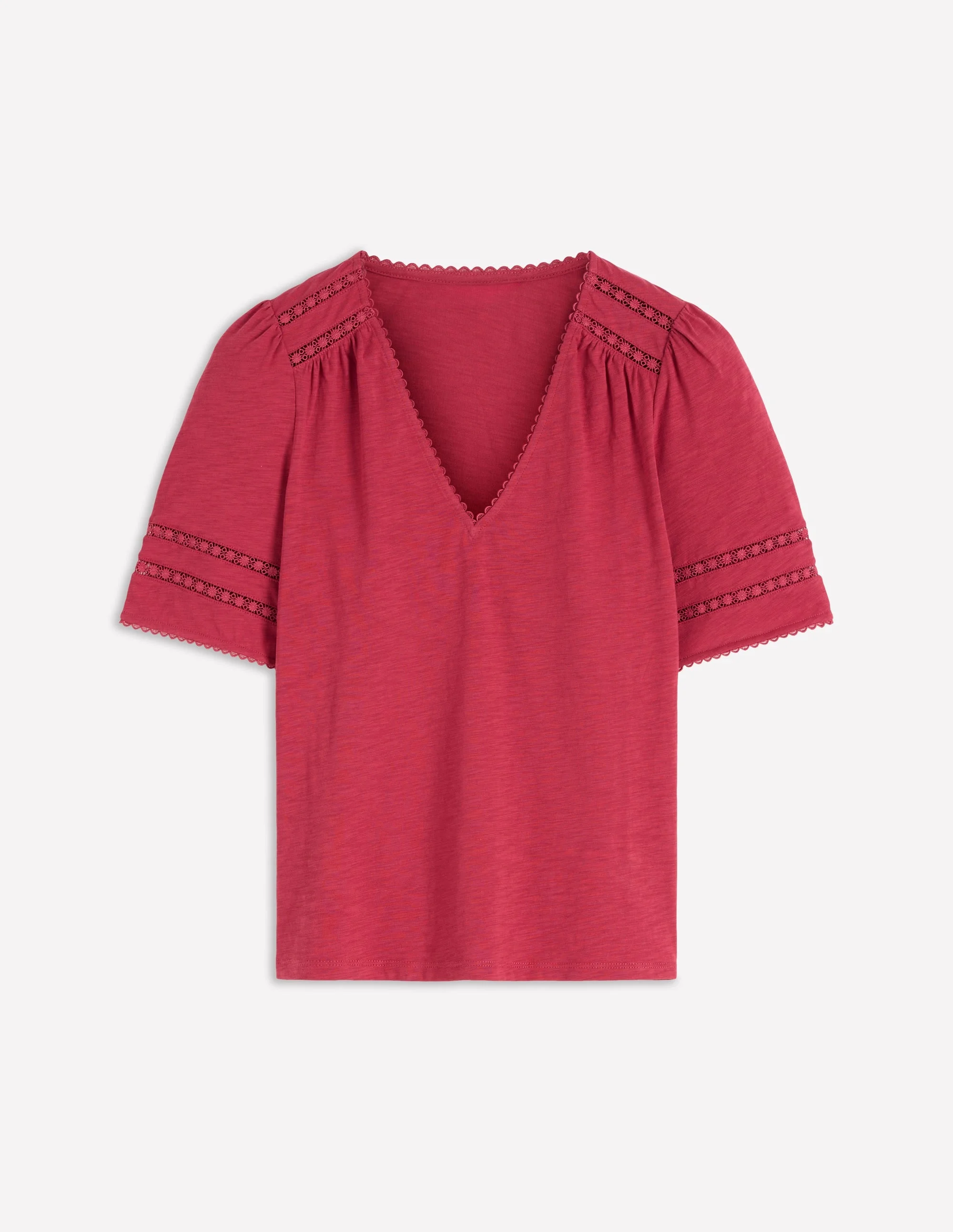 Poppy Trim V Neck T-Shirt-Terracotta Red - 1