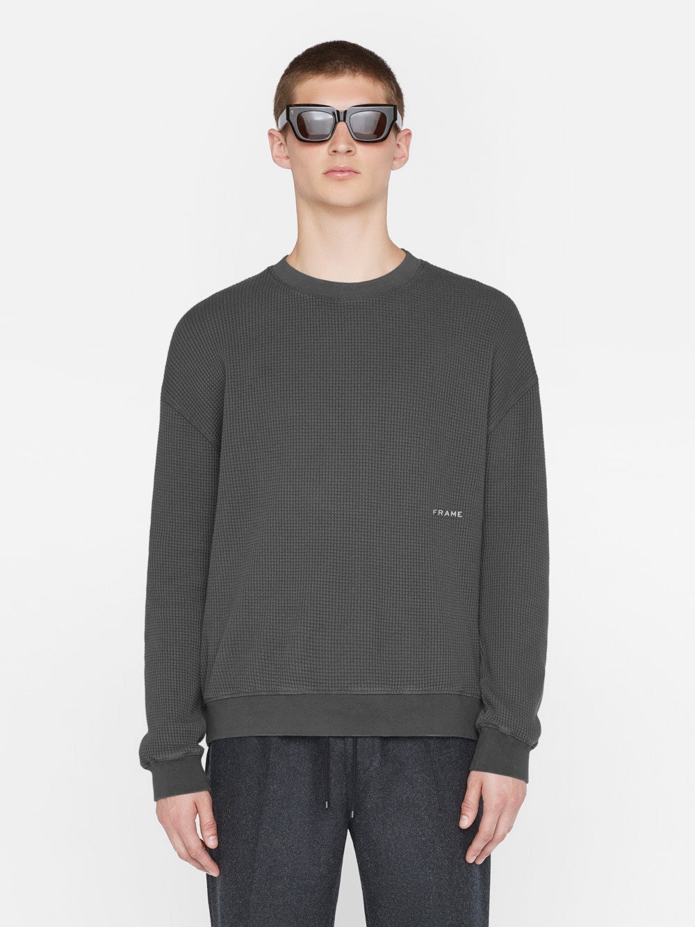 Waffle Textured Sweatshirt in Charcoal Grey - 3