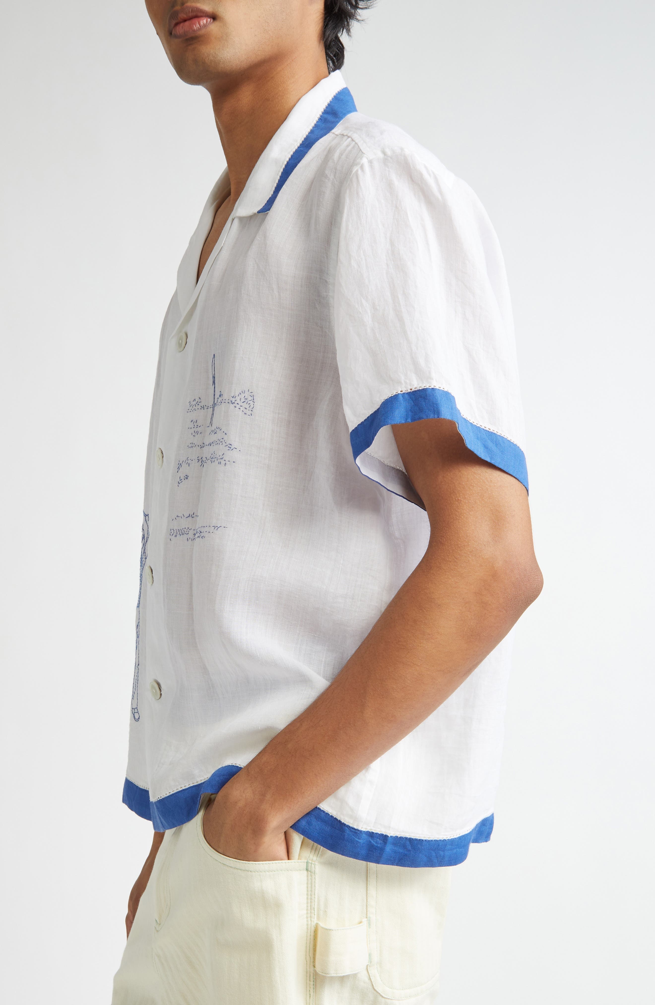 Bode Club Champion Short Sleeve Linen Camp Shirt in White/Blue at Nordstrom - 3