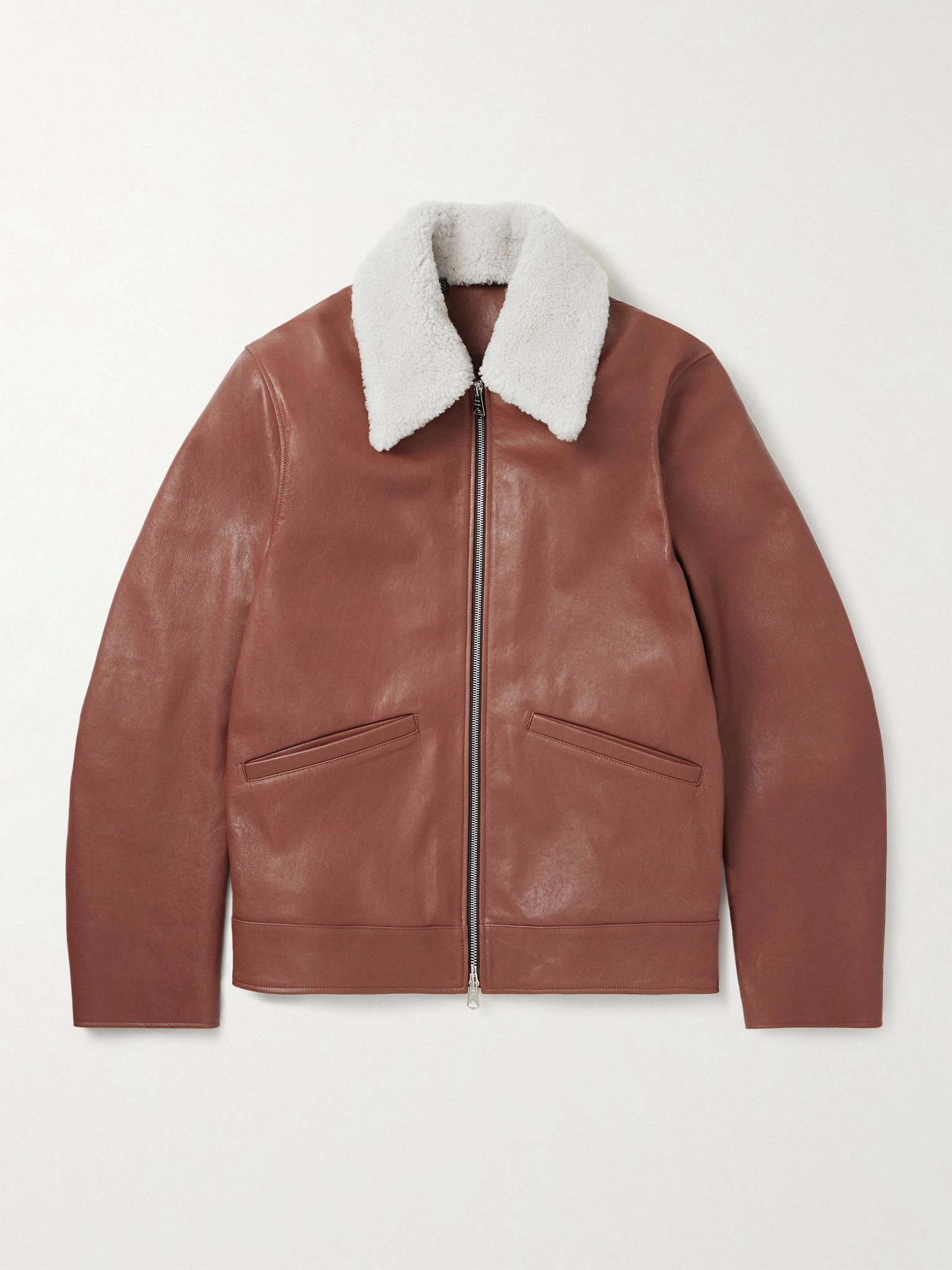 Shearling-Trimmed Leather Jacket Brown - 1