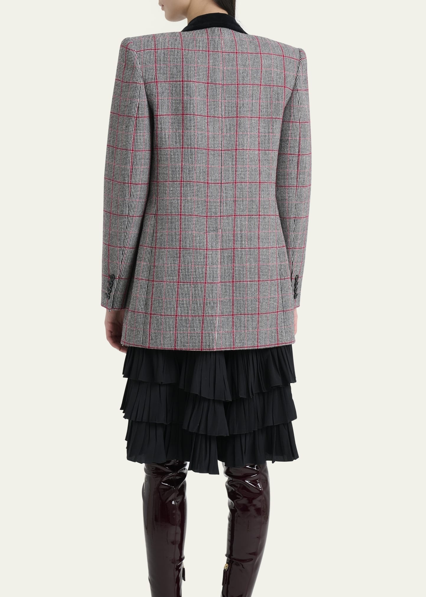 Check Wool Velvet-Trim Double-Breasted Jacket - 3