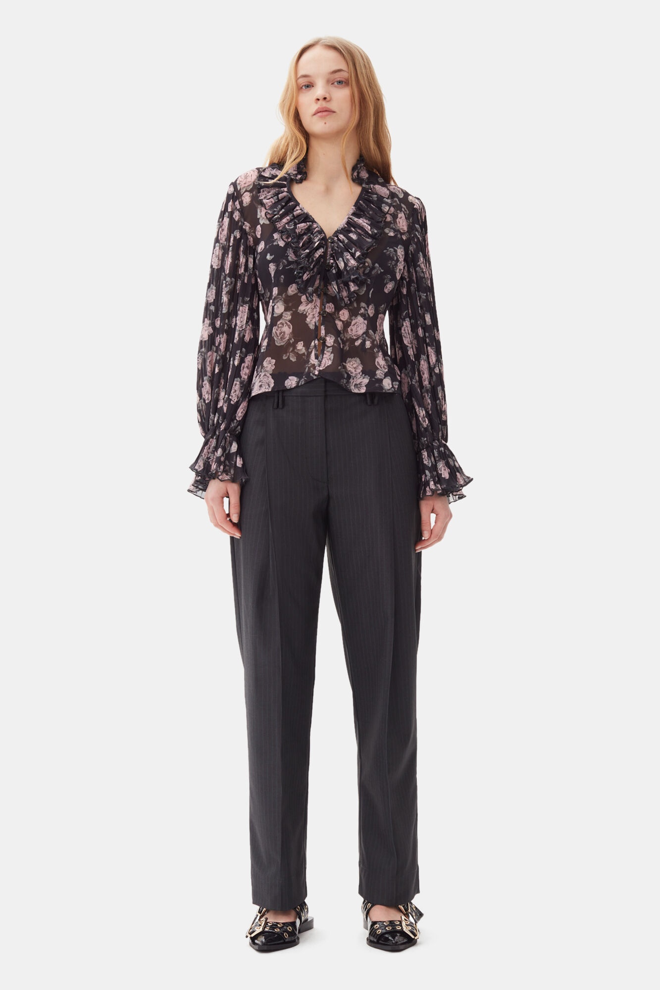 FLORAL PRINTED PLEATED GEORGETTE BLOUSE - 3