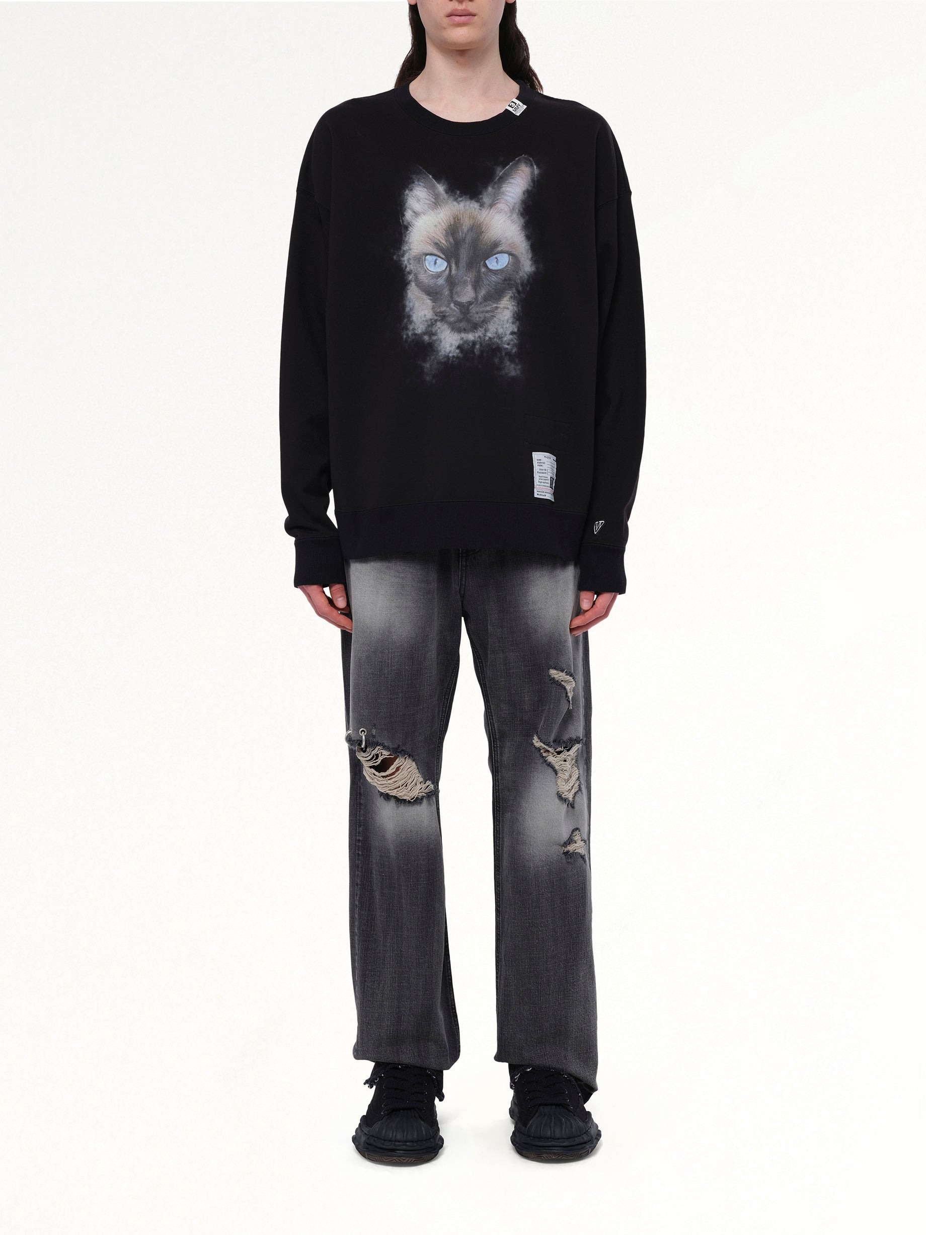 Cat Printed Pullover in Black - 7