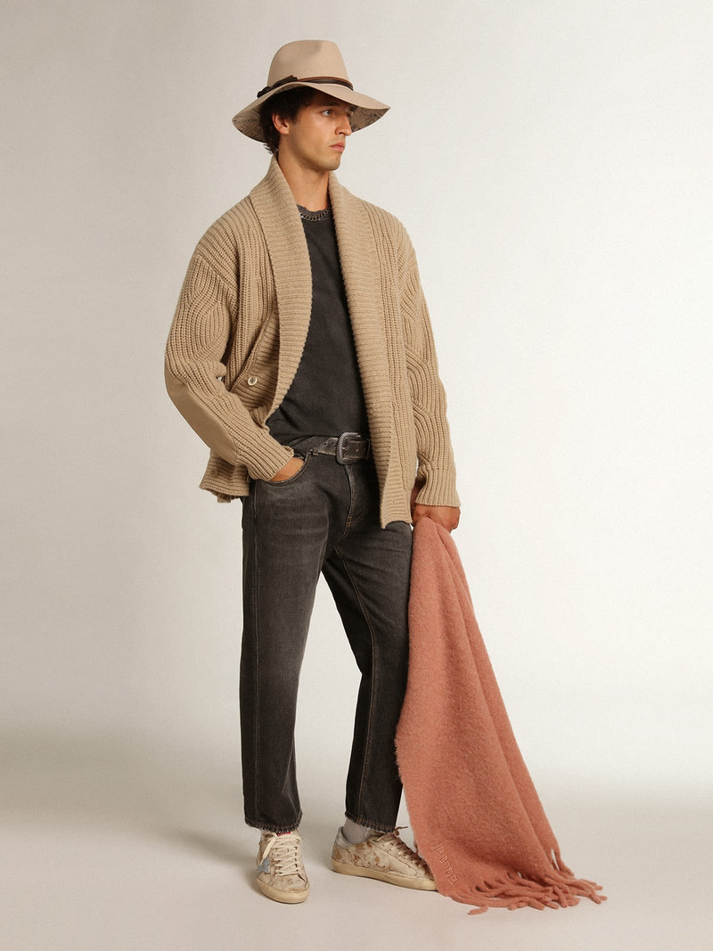 Golden Goose Men's double-breasted beige wool cardigan with leather patches outlook