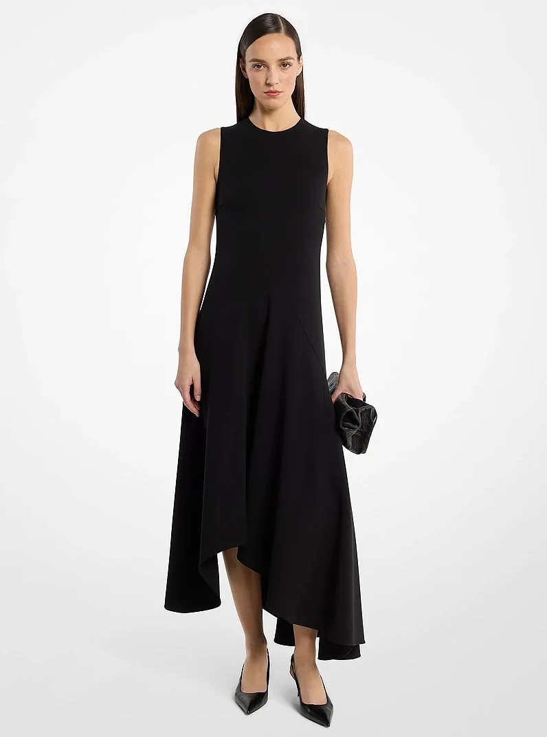 Double Faced Stretch Wool Crepe Asymmetric Draped Dress - 1