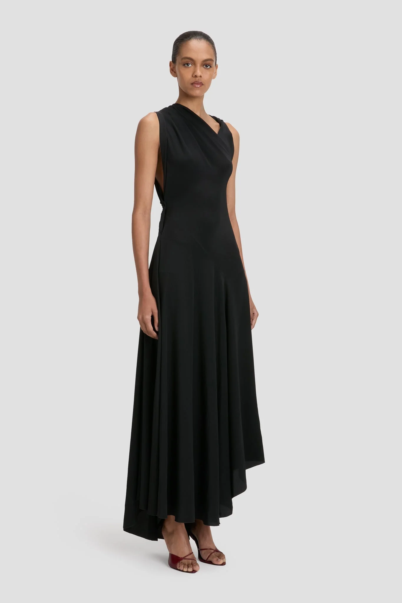 Victoria Beckham Sleeveless Draped Midi Dress In Black | REVERSIBLE