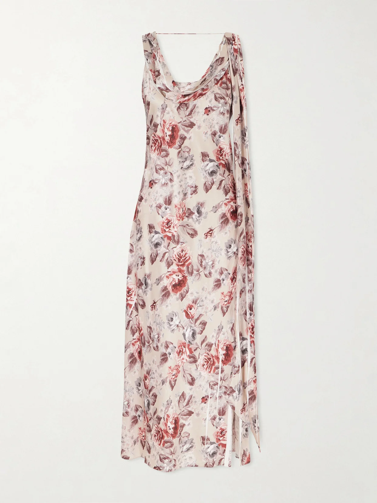 Tie-detailed Draped Floral-print Satin Midi Dress - 1