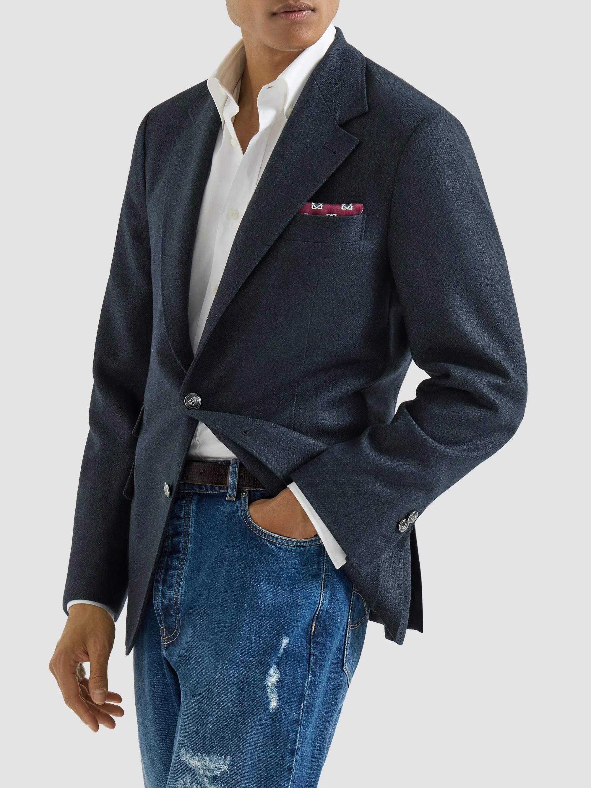 Men's Mouliné Virgin Wool Twill Deconstructed Cavallo Blazer - Navy Blue - 1