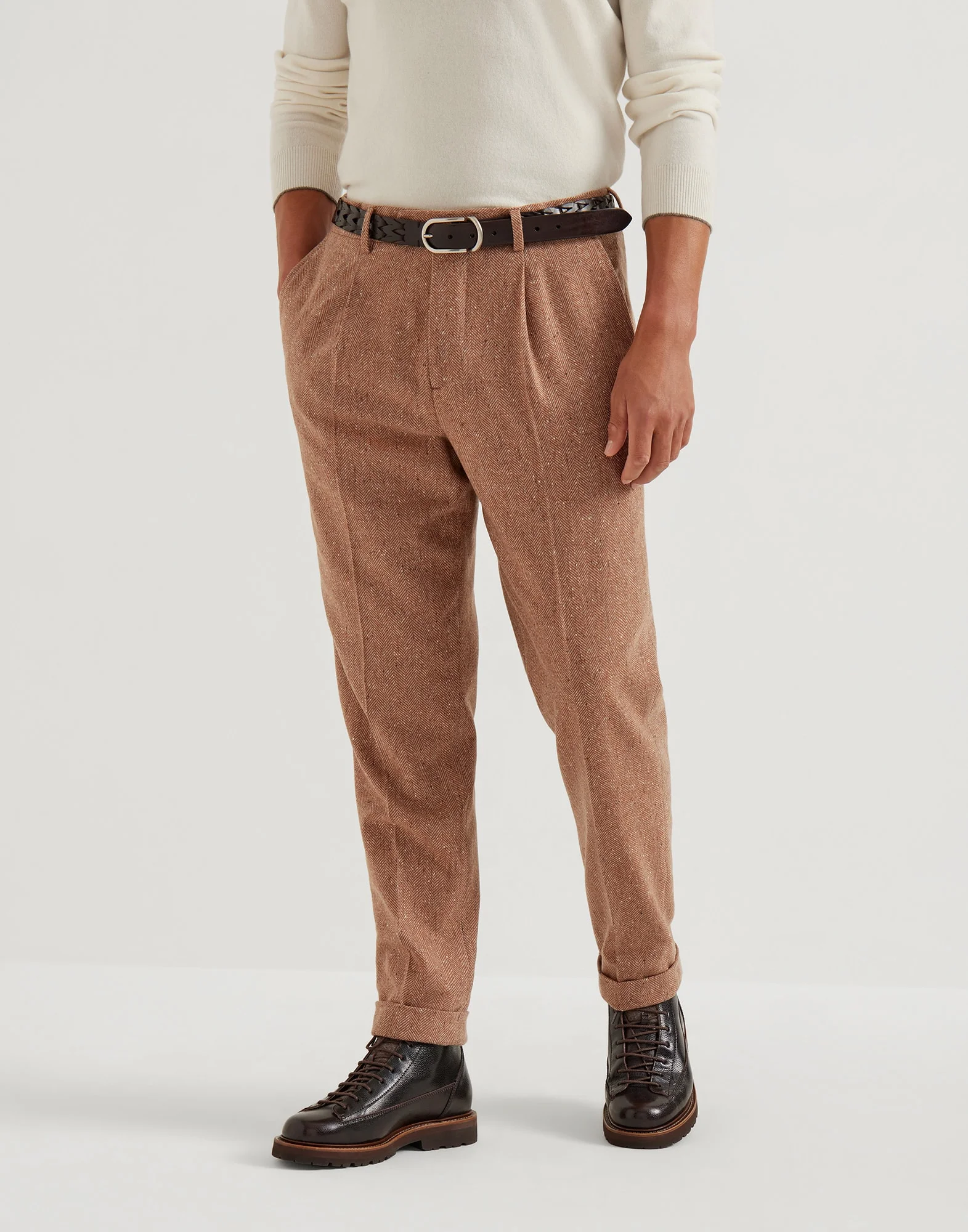 Wool and cashmere flecked chevron leisure fit trousers with pleat - 1