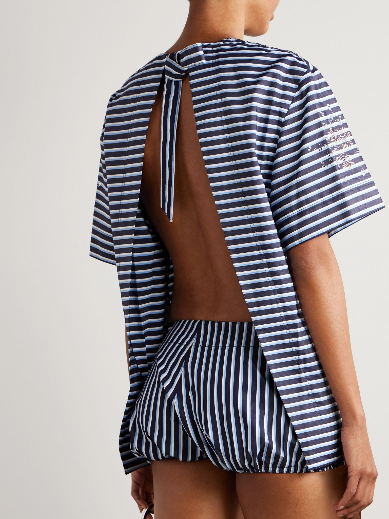 Open-back embellished striped cotton-jersey T-shirt Blue - 4