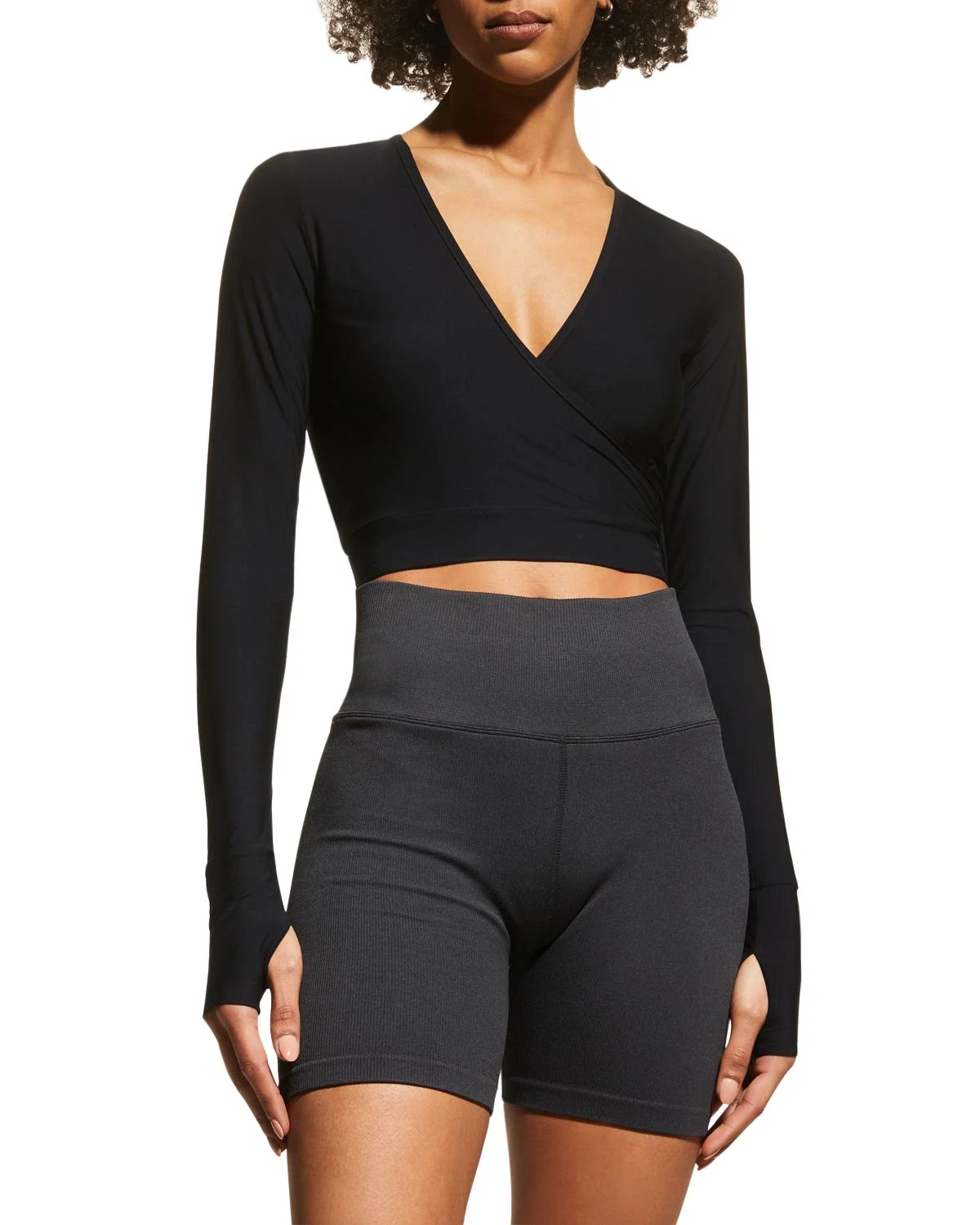 Cropped Long-Sleeve Wrap Top - 1