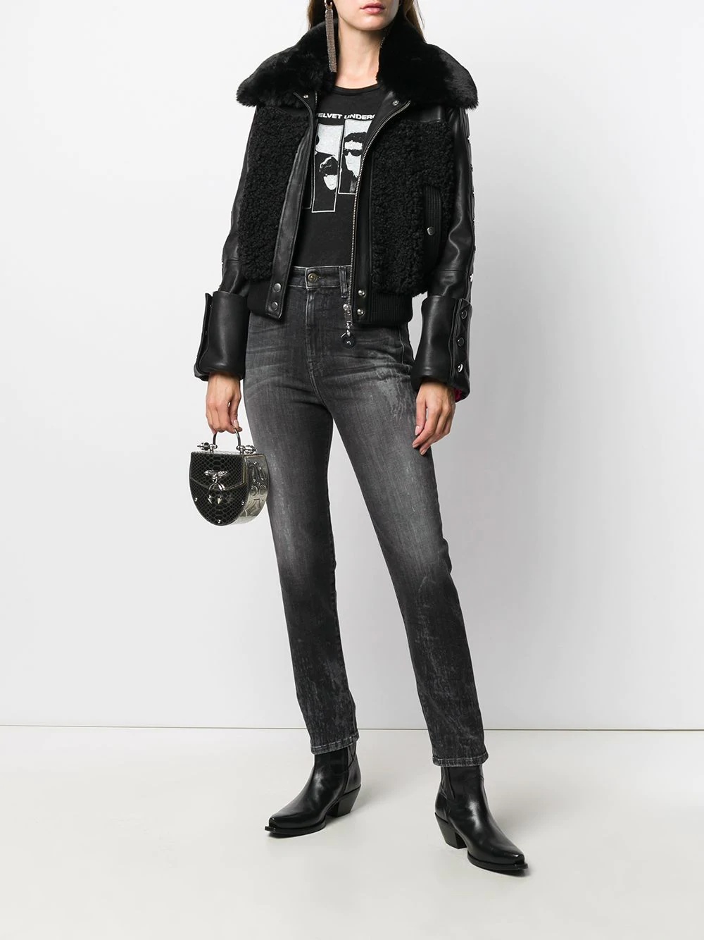 shearling panelled biker jacket - 2