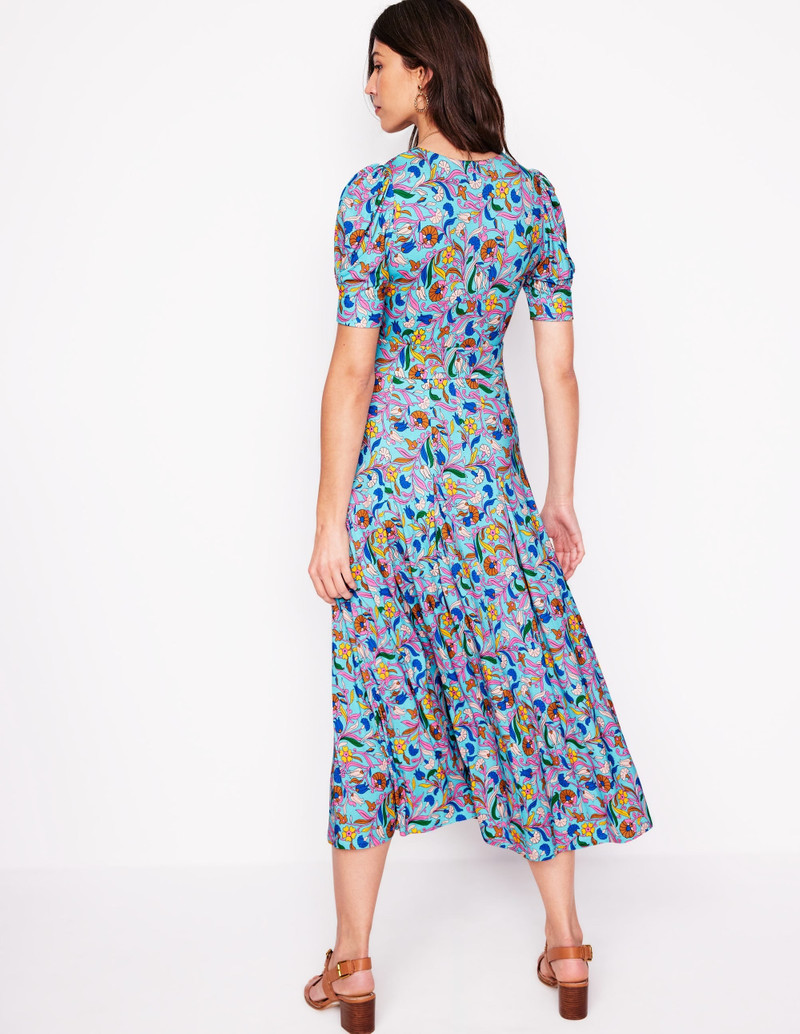 Kristen Pleated Jersey Dress-Blue, Enchanting Vine 4