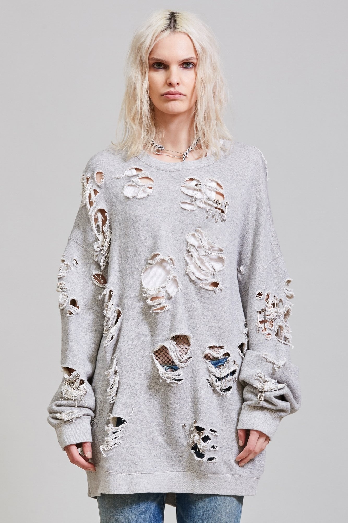 Super Distressed Oversized Crewneck - Heather Grey | R13 Denim - 3