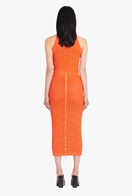 Mid-length dark orange eco-designed knit skirt with Balmain monogram - 3