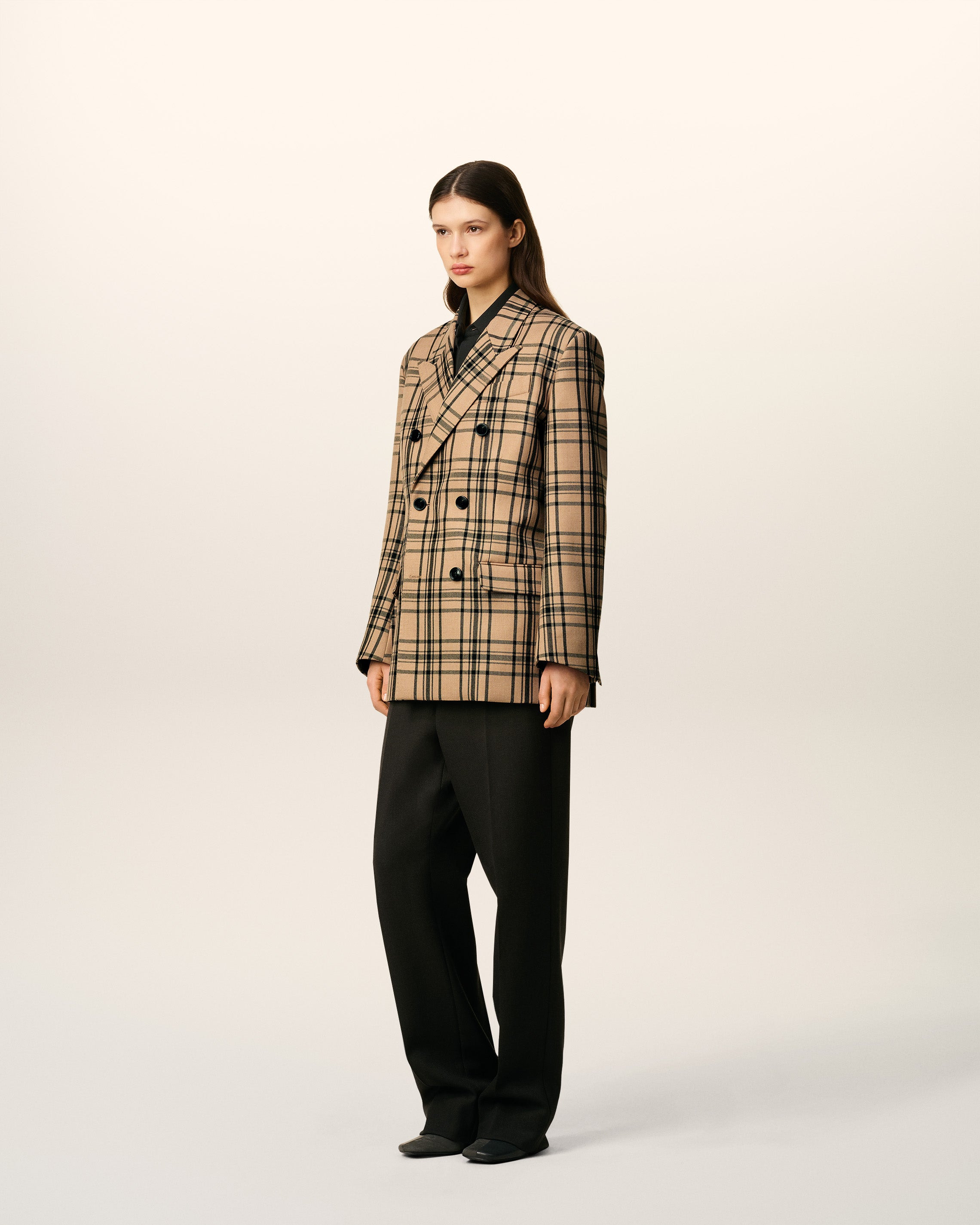 BROWN WOOL CHECKED LOOSE DOUBLE BREASTED JACKET - 6