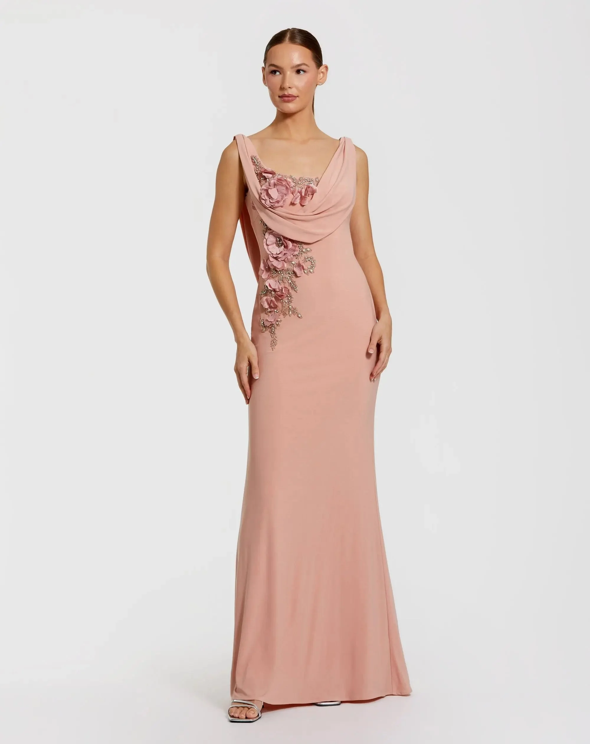 Pink Sleeveless Jersey Cowl Neck Gown With Beading - 1