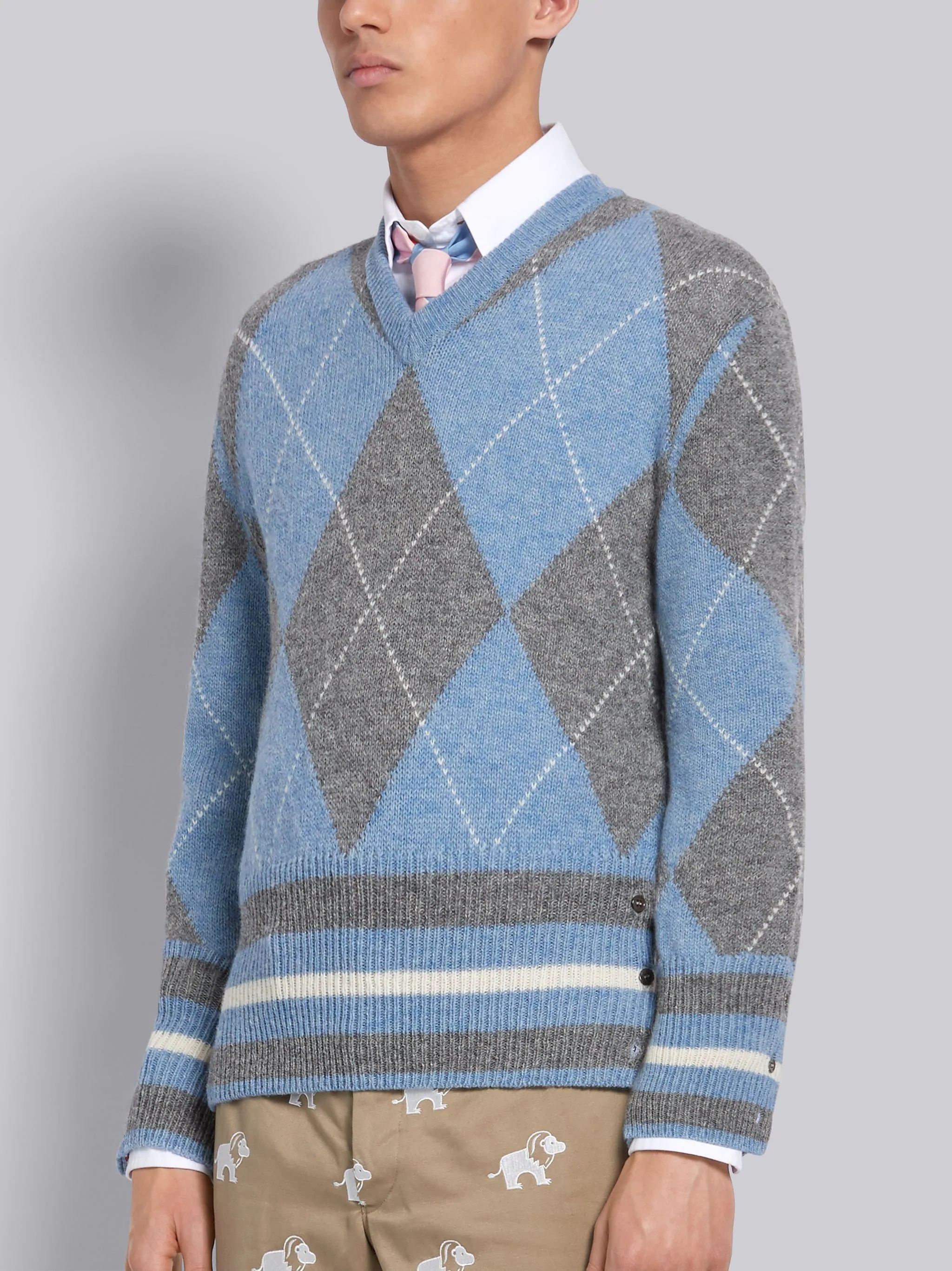 Light Blue Shetland Wool Argyle V-neck Pullover - 3