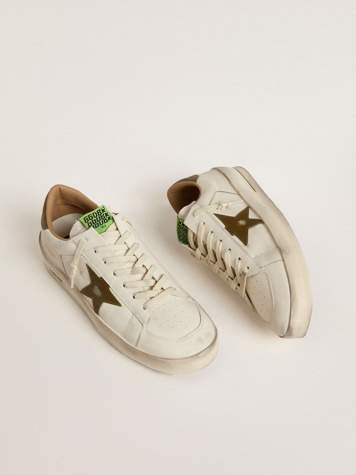 Men's Stardan in white leather with military-green snake-print leather star and heel tab - 2