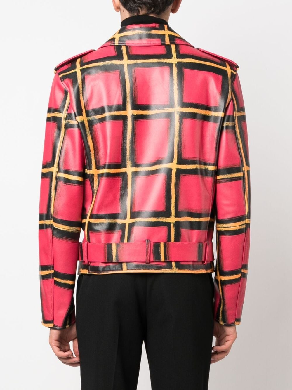 check-pattern leather jacket - 4