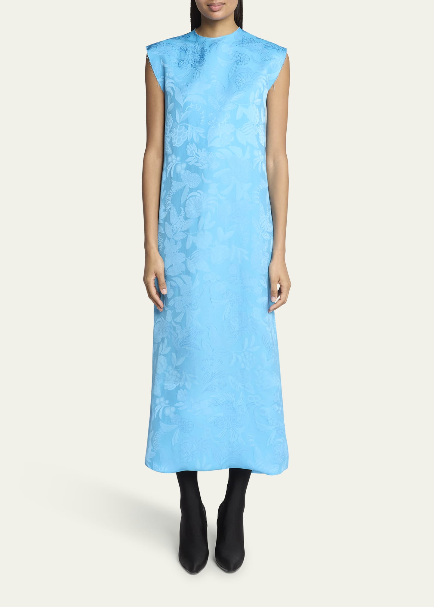 Floral Satin Jacquard Sleeveless Ankle Dress - 2