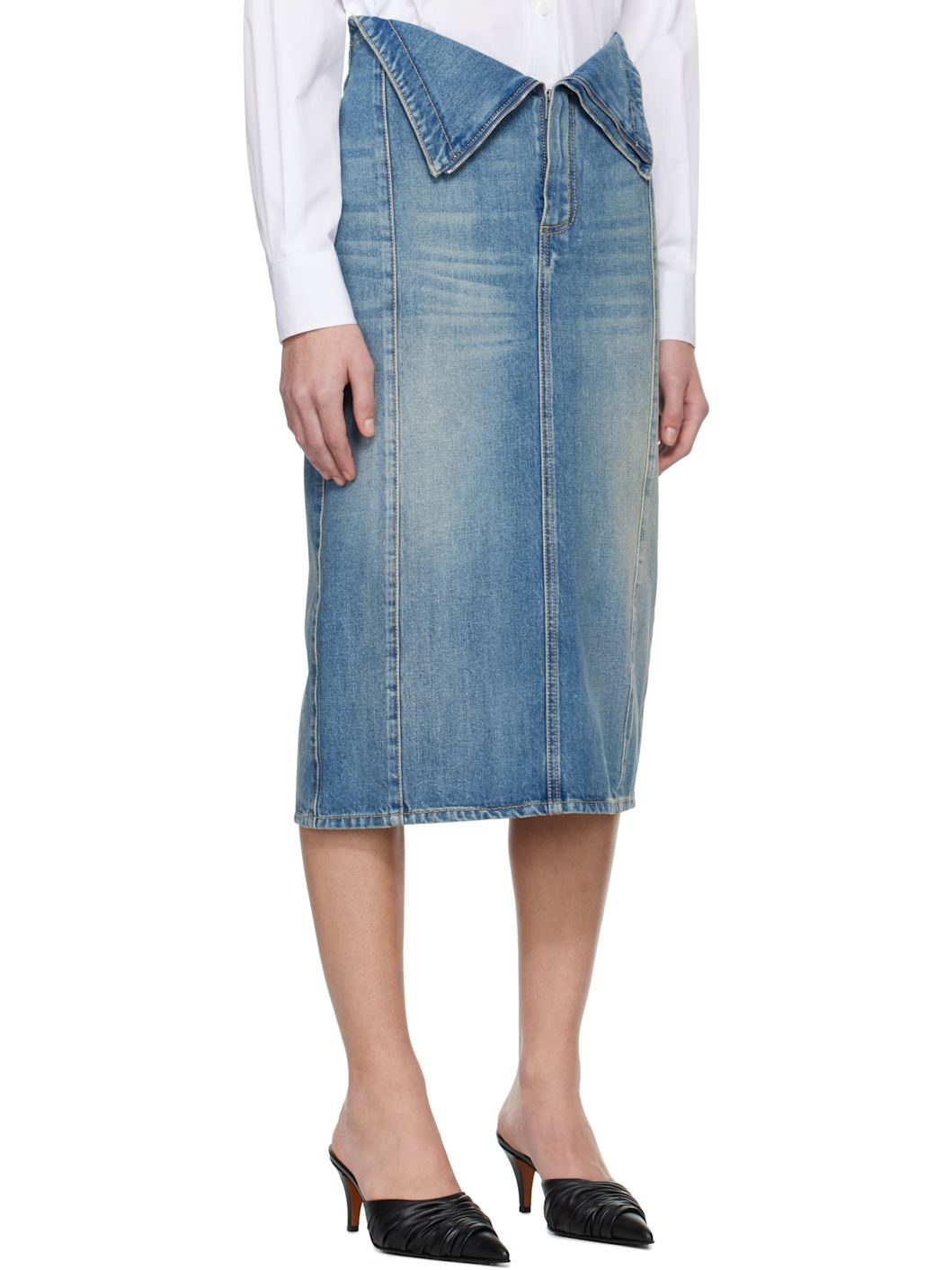 Blue Fold Over Waist Denim Midi Skirt - 2