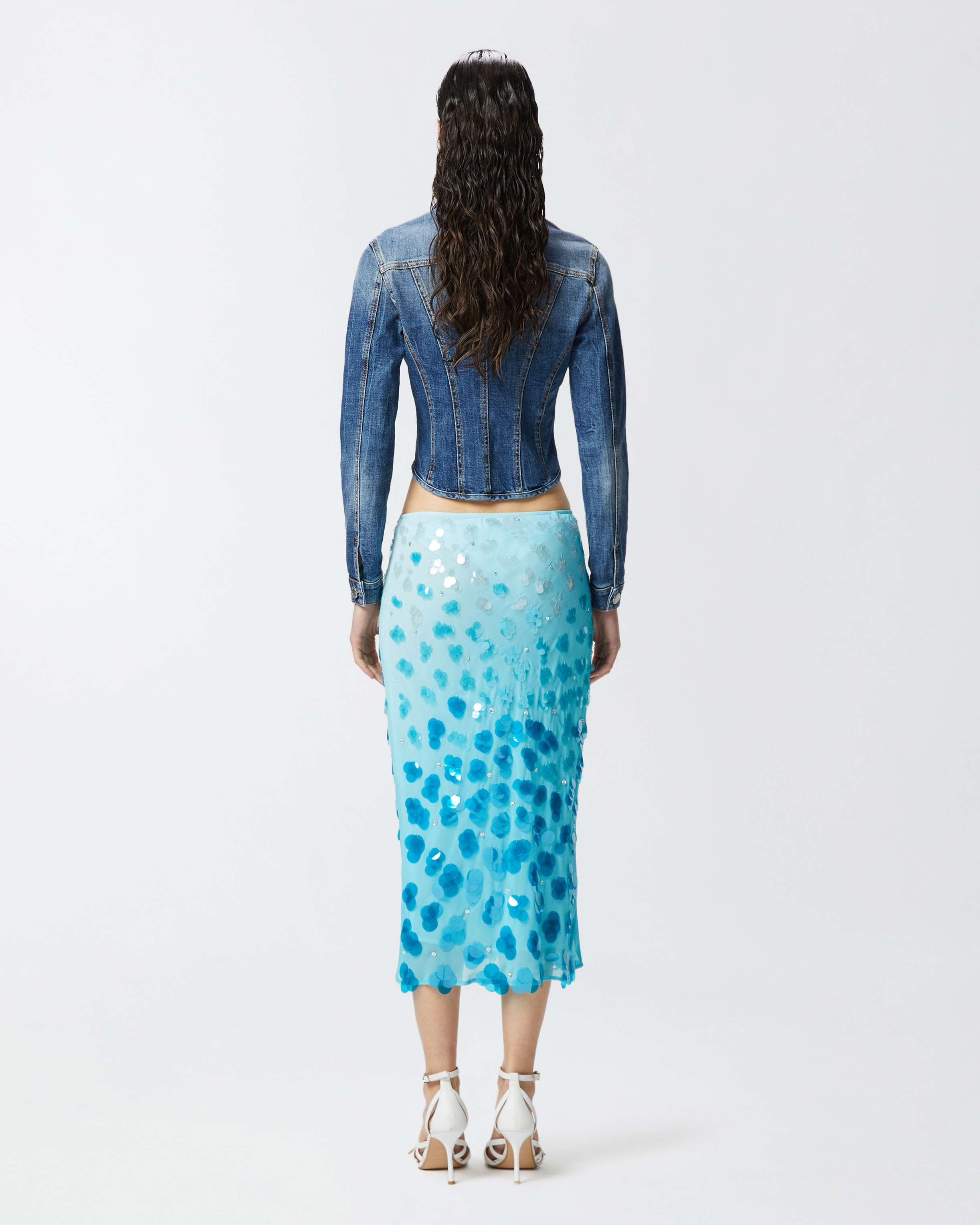 GRADIENT GEORGETTE CALF-LENGTH SKIRT WITH SEQUINS AND RHINESTONES - 4