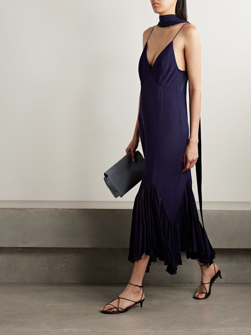 KHAITE Candita scarf-detailed pleated silk-georgette maxi dress Navy outlook