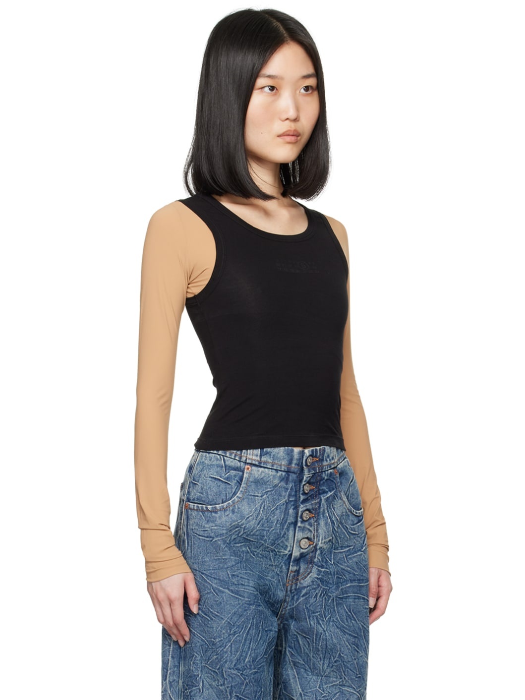 Black & Beige Paneled Long Sleeve T-Shirt - 2