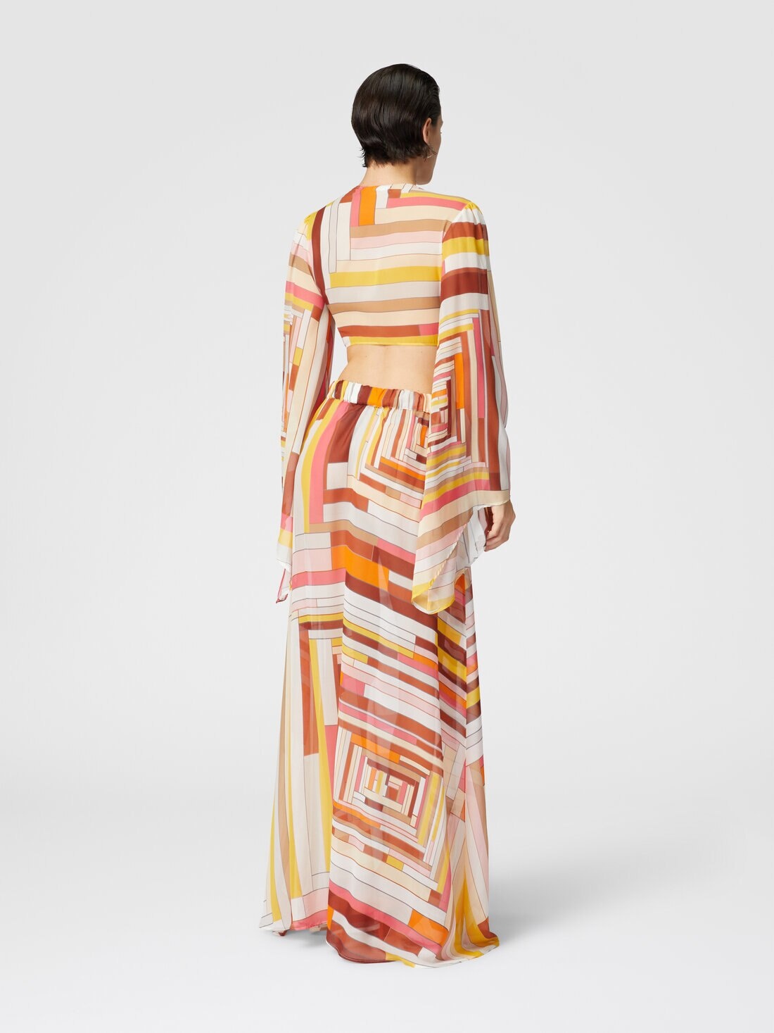 Printed silk crop top with wide sleeves and front knot - 3