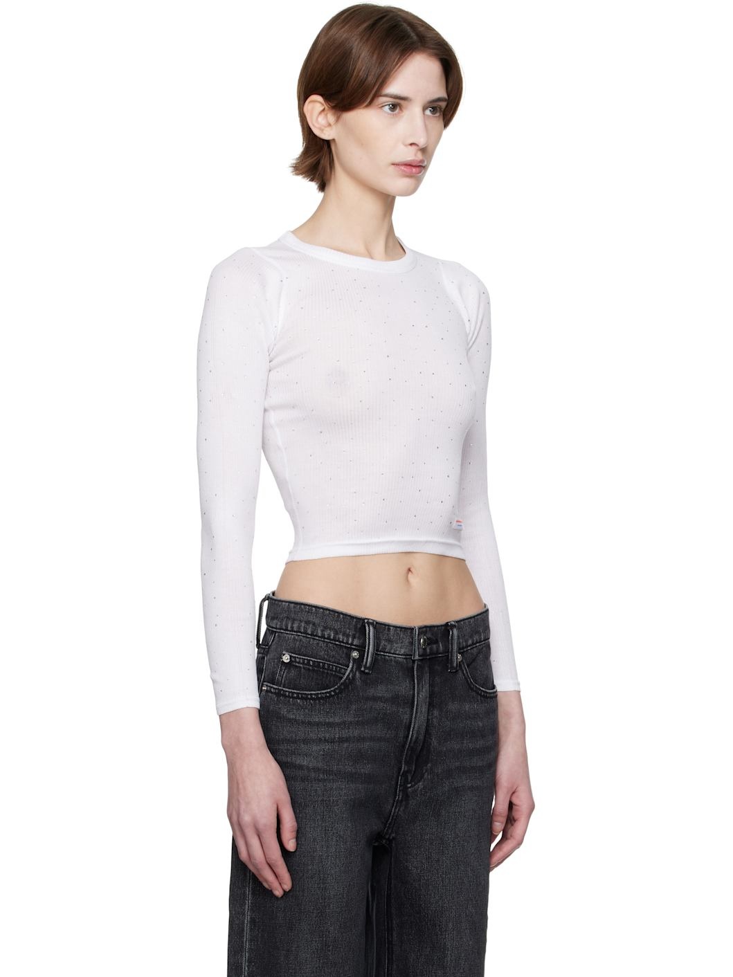 White Crystal Hotfix Long Sleeve Crewneck T-shirt - 2