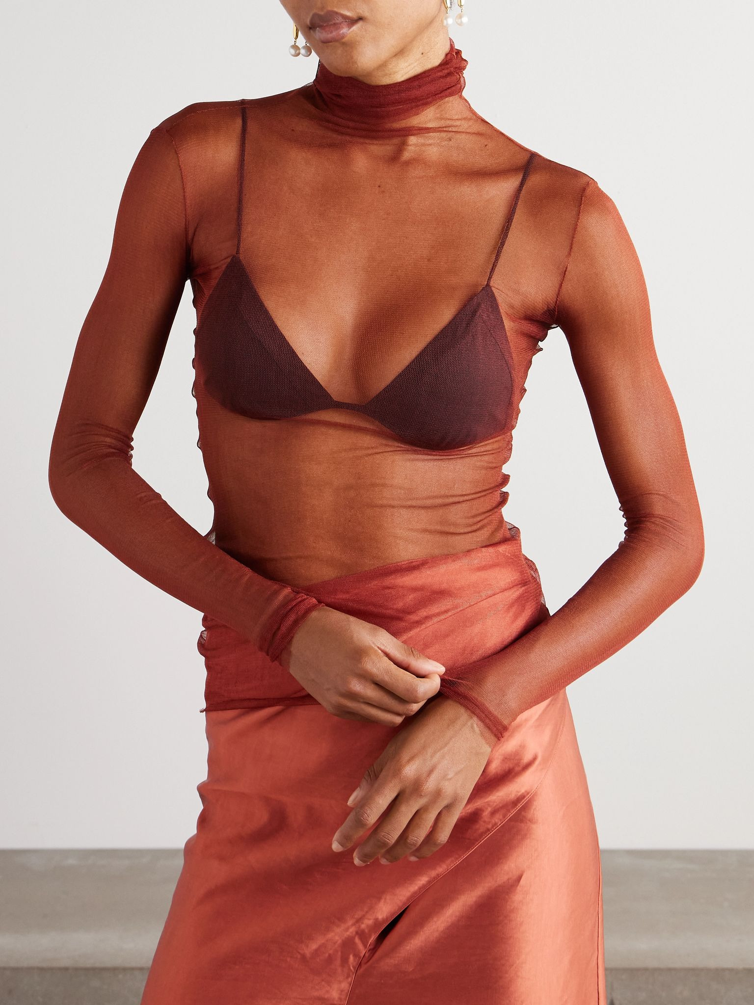 Cisne silk-blend tulle turtleneck top Brick - 3