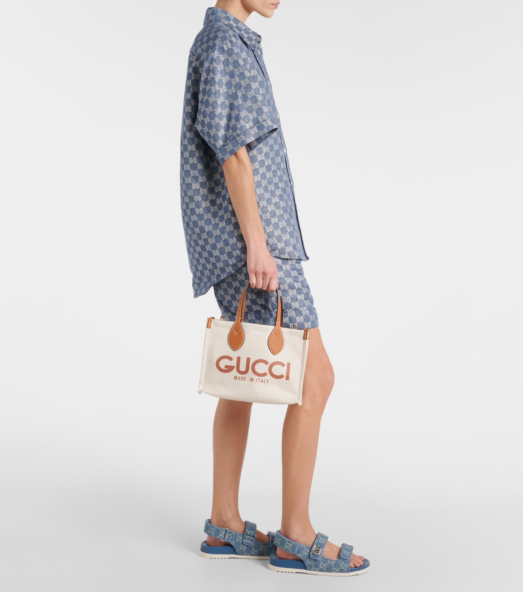 Mini logo leather-trimmed canvas tote bag - 5