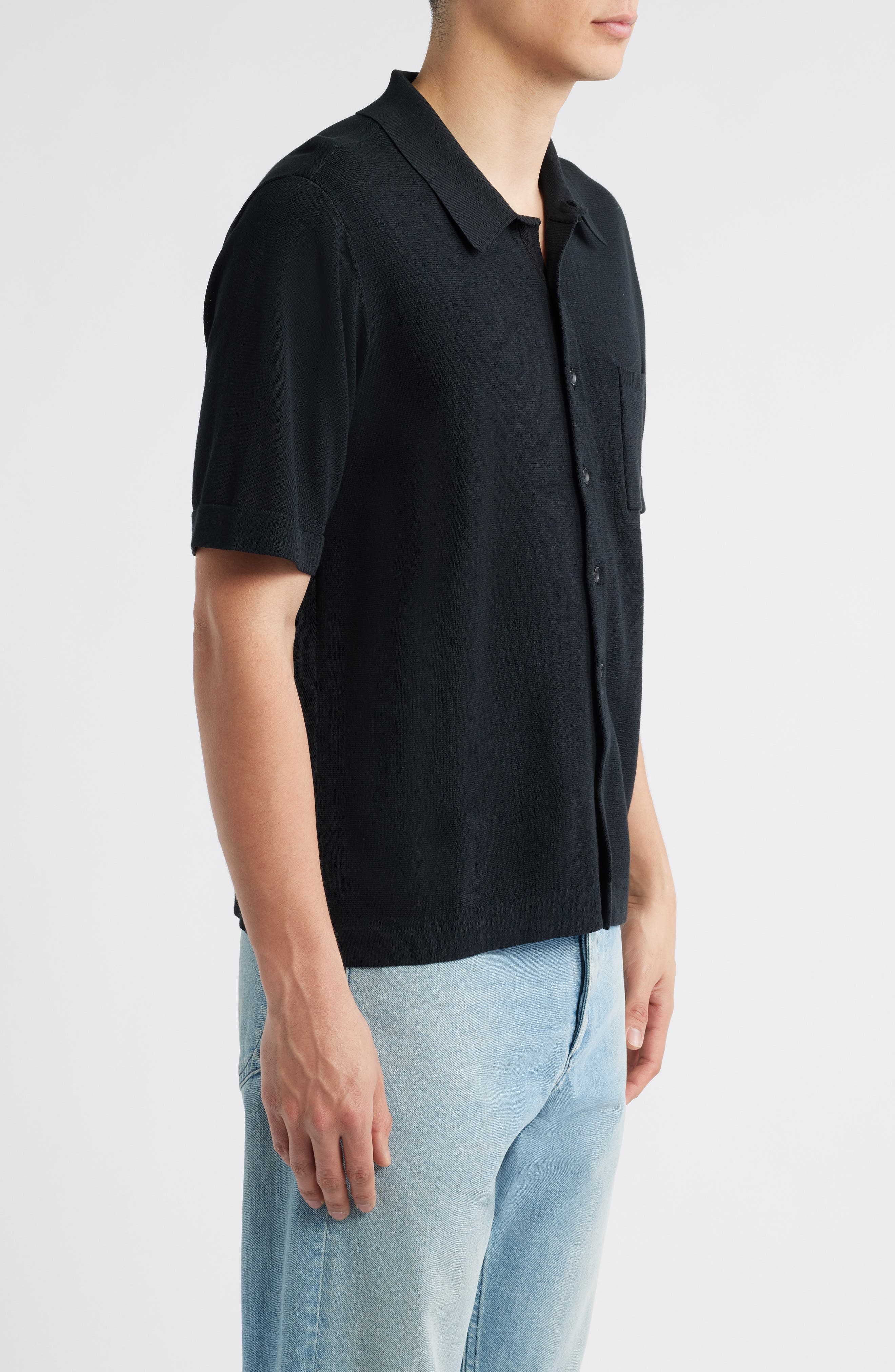 rag & bone Dalton Short Sleeve Knit Cotton Blend Button-Up Shirt in Black at Nordstrom - 4