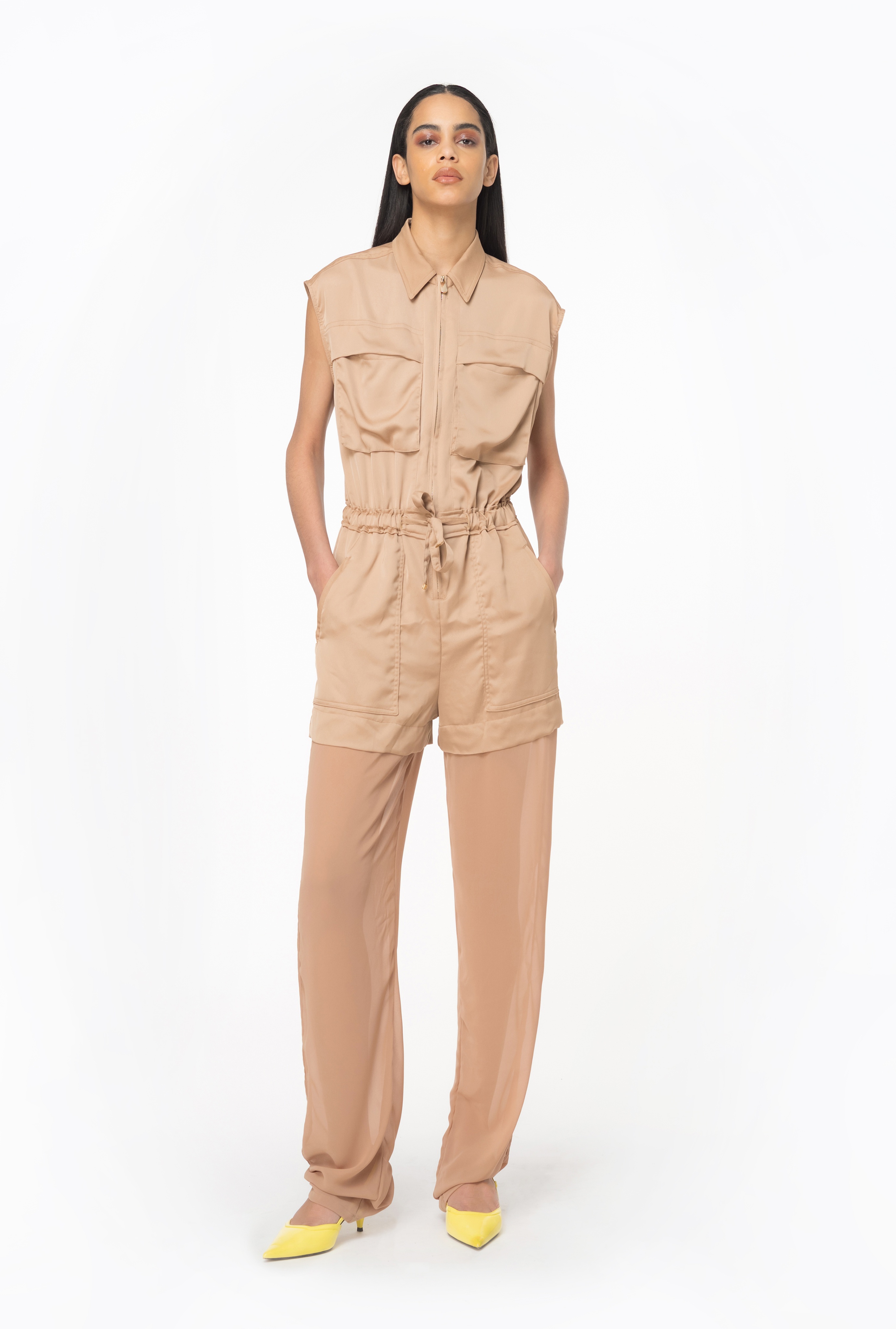 UTILITY-STYLE SATIN JUMPSUIT WITH GEORGETTE - 2