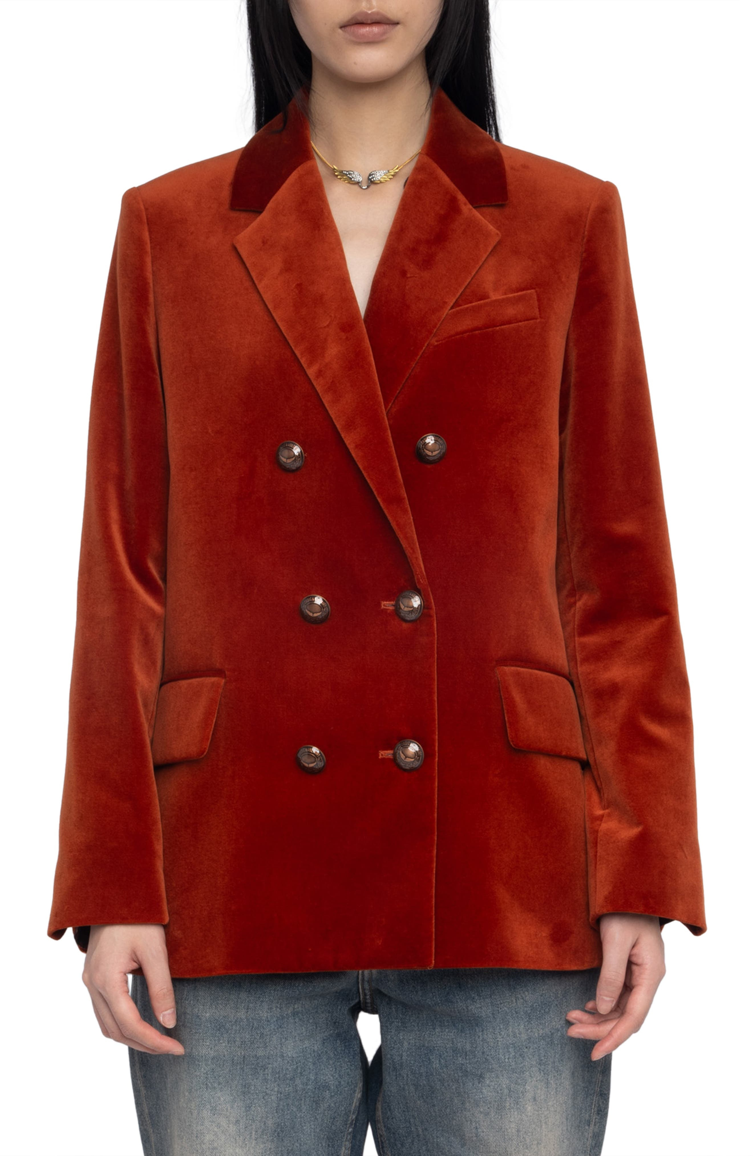 Zadig & Voltaire Vaska Double Breasted Velvet Blazer in Burn at Nordstrom - 1