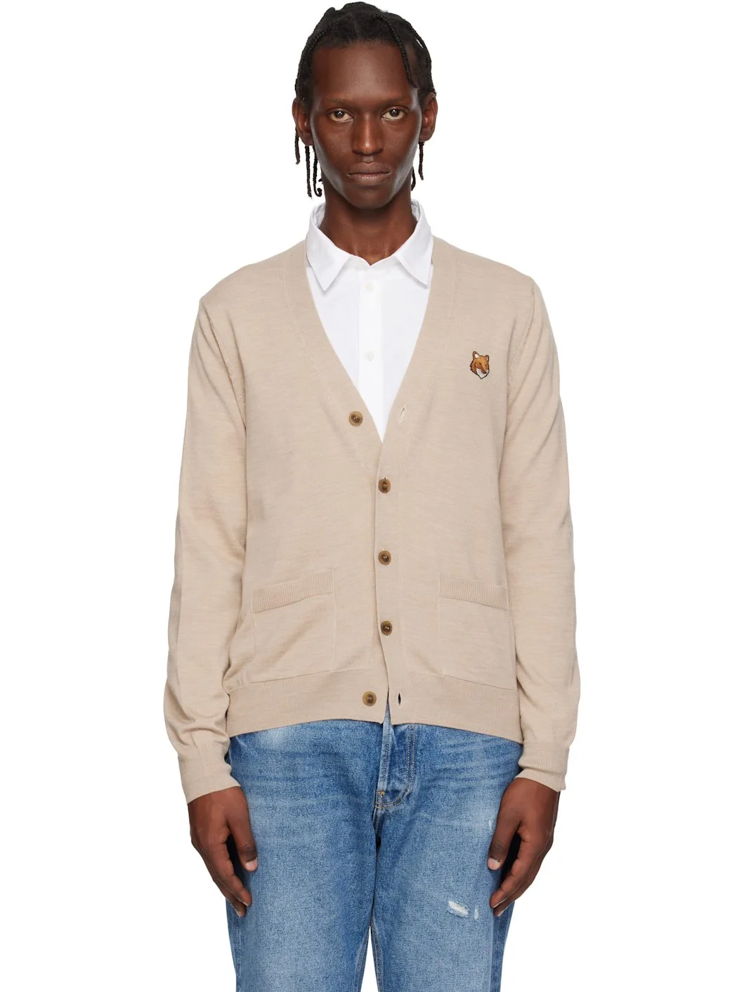 Beige Fox Head Merino Regular Cardigan - 1