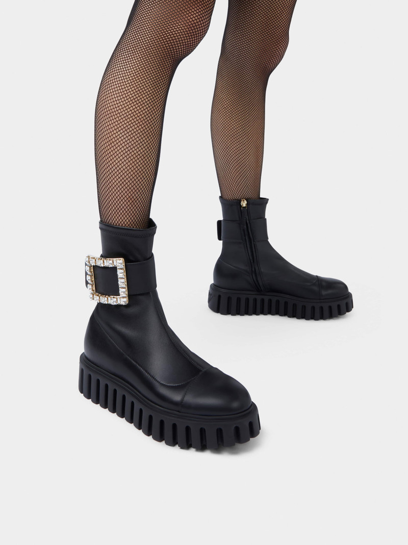Roger Vivier Viv' Go-Thick Rhinestone Buckle Stretch Ankle Boots in Soft Leather outlook