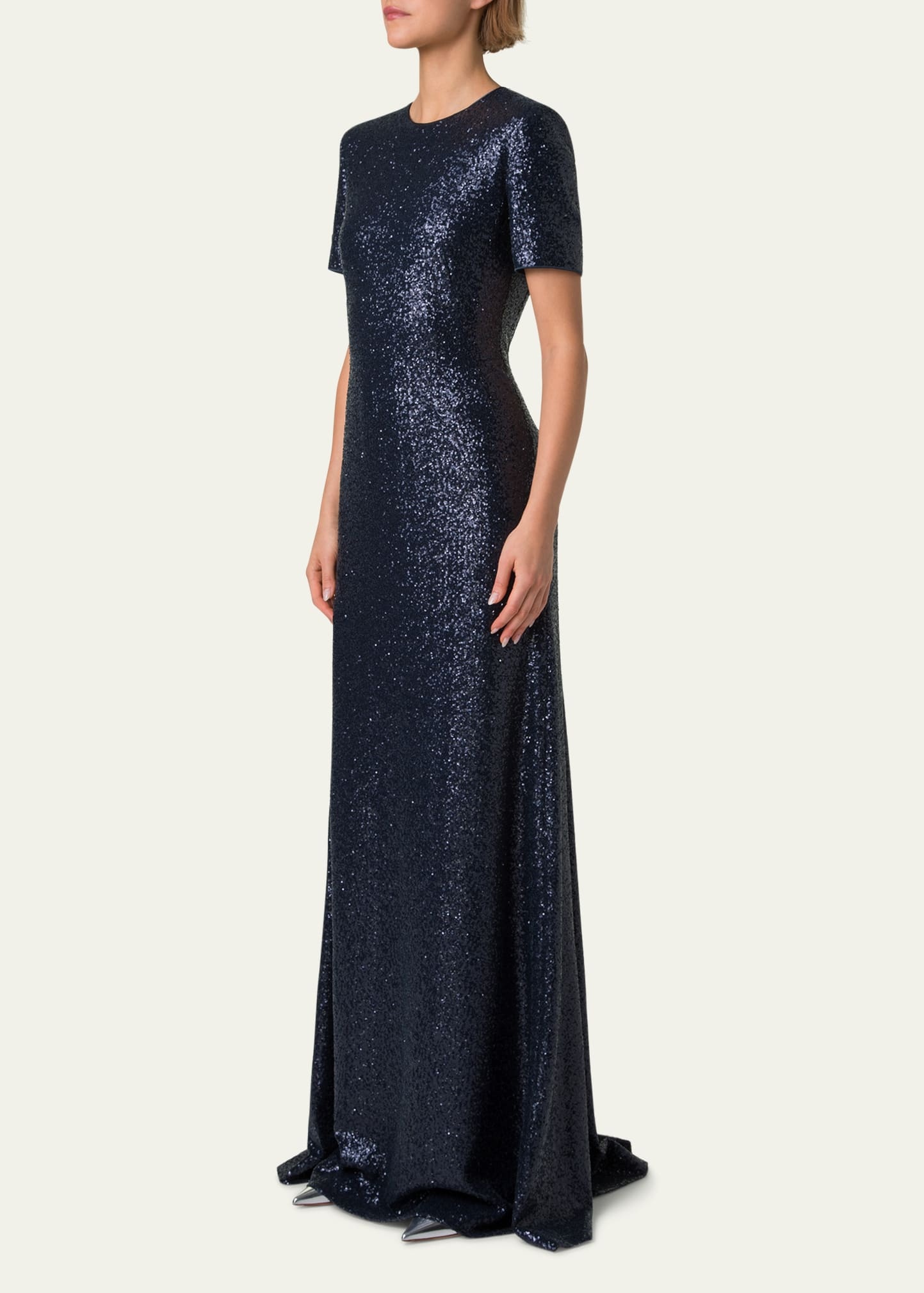 Short-Sleeve Stretch Paillette Jersey Gown - 4