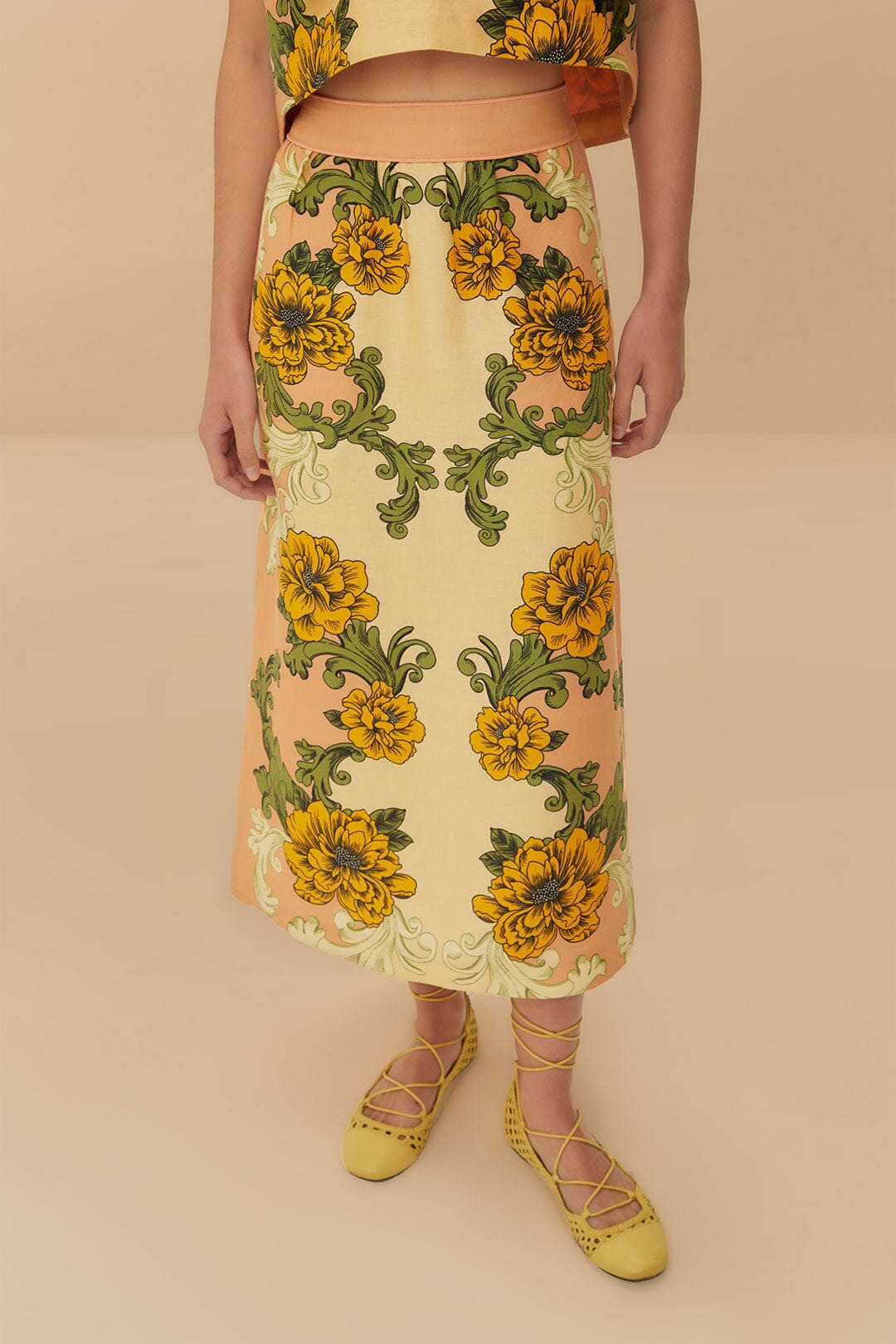 Cream Delicate Flower Arabesques Euroflax™ Premium Linen Midi Skirt - 2
