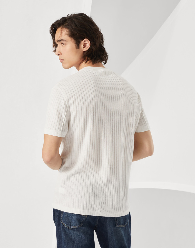 Brunello Cucinelli Ribbed linen and cotton jersey crew neck T-shirt with chest pocket outlook
