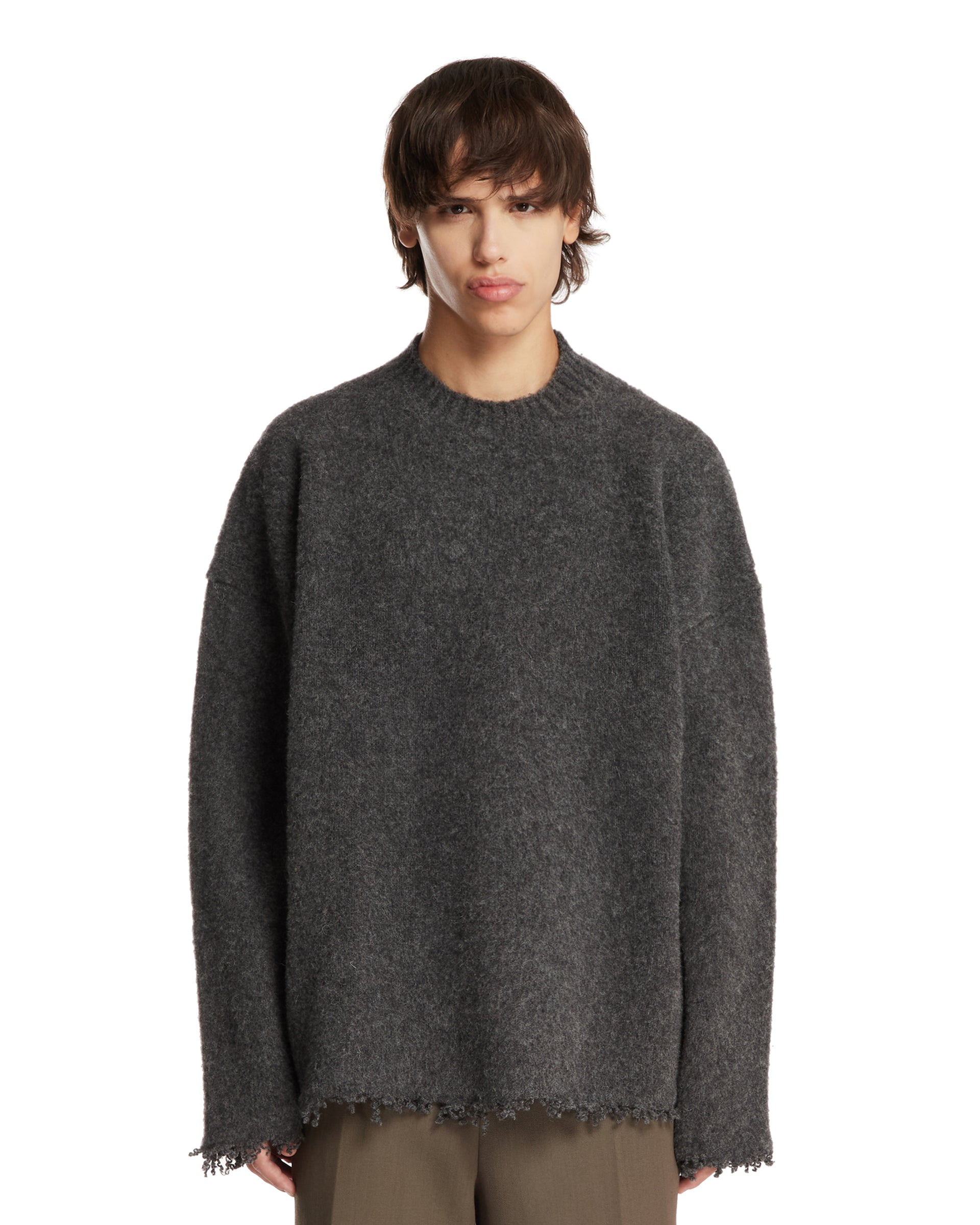 Gray Sweater with Fringed Hem - 1