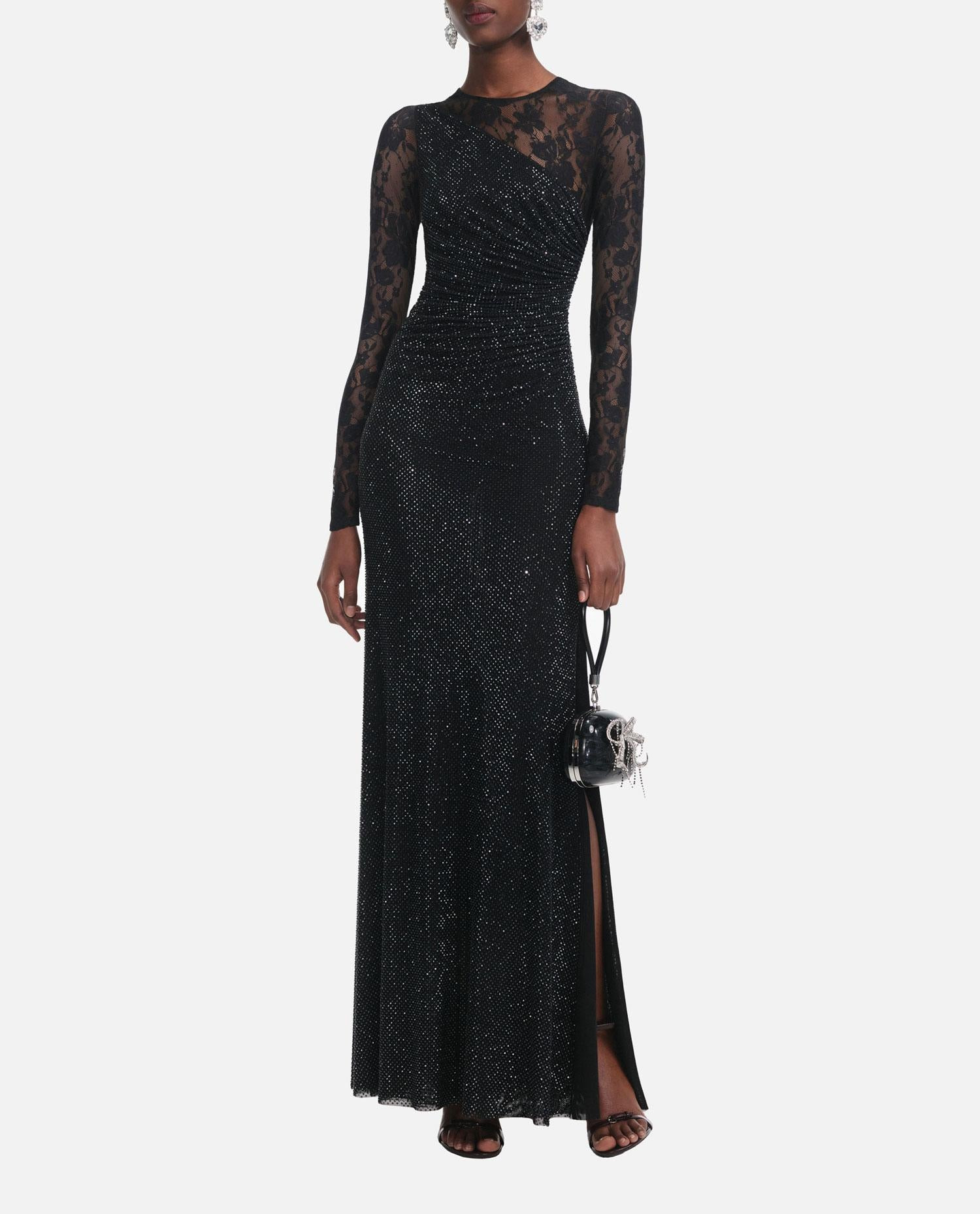 BLACK RHINESTONE LACE SLEEVES MAXI DRESS - 2