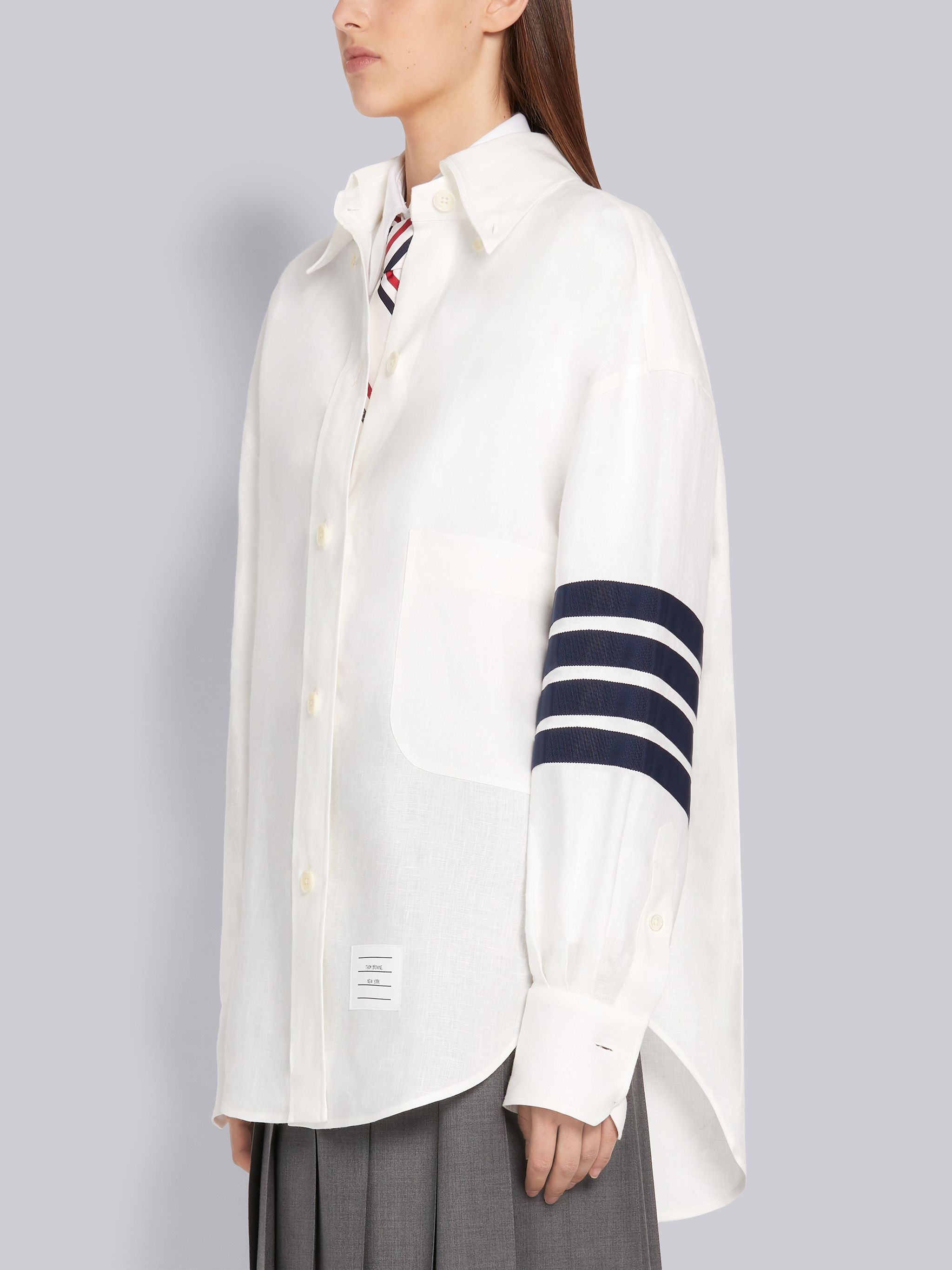 White Linen Supersized Long Sleeve 4-Bar Button Down Shirt - 2