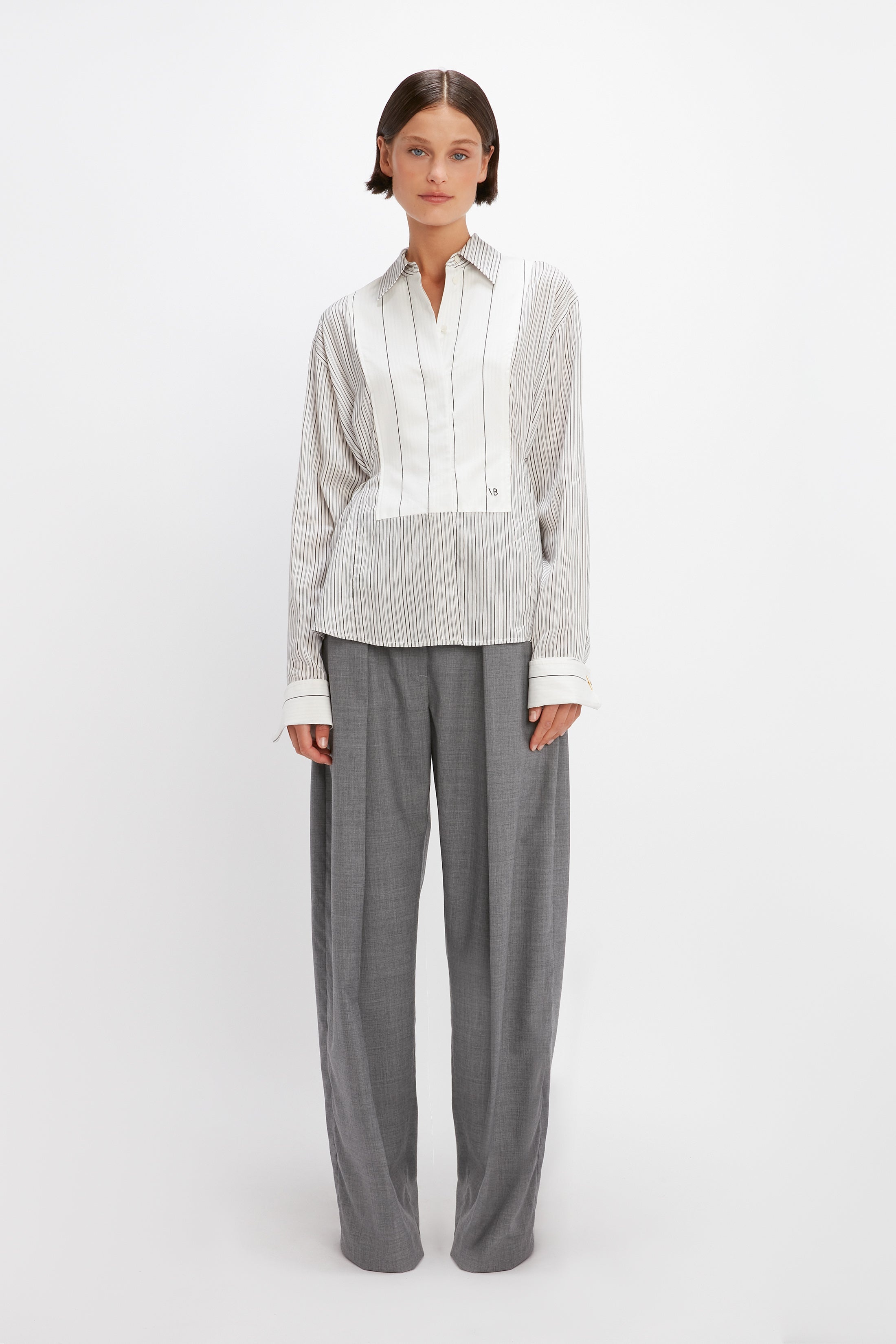 Plastron Shirt in White & Off Black Stripe - 2