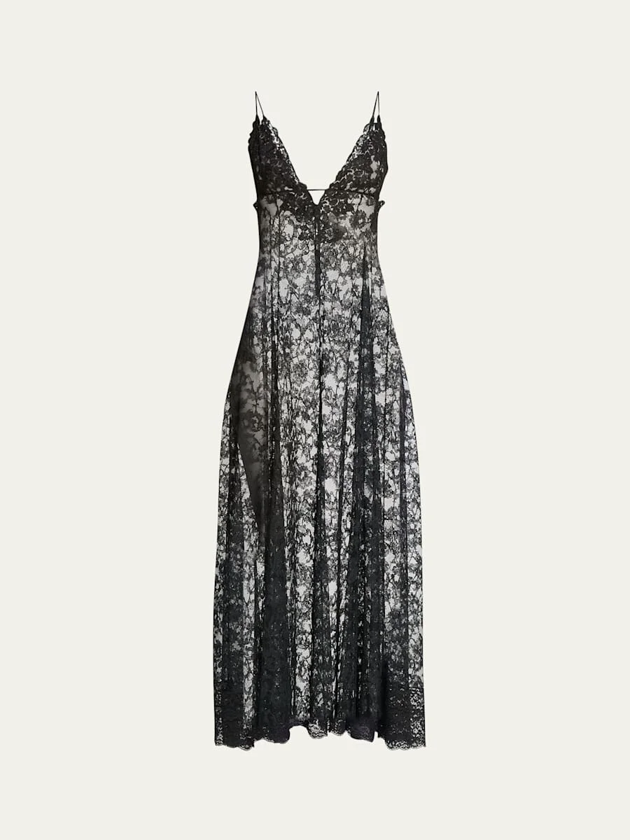 Sheer Floral Lace Maxi Dress - 1